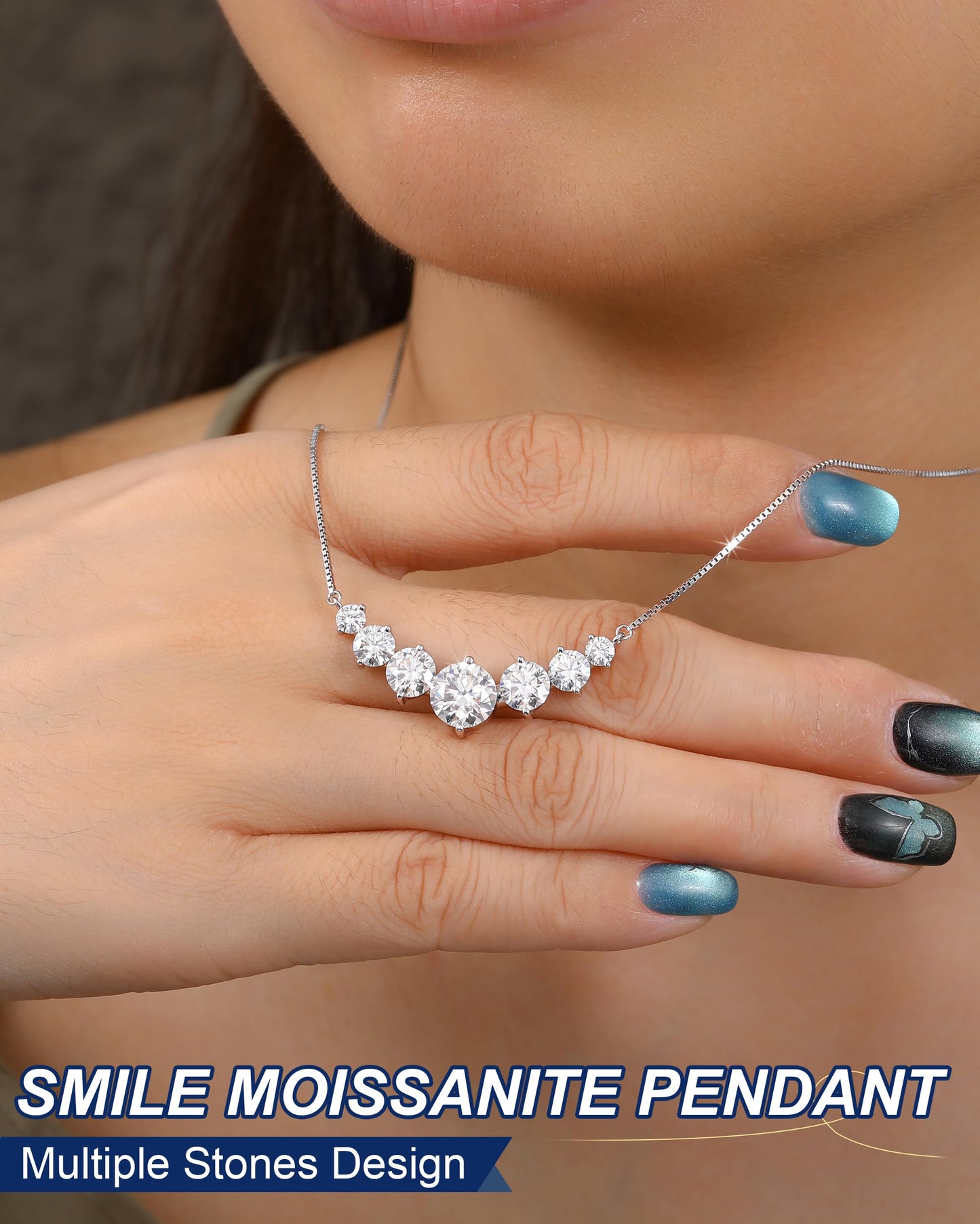 Moissanite Necklace for Women, 2.8 Carat Lab Grown Moissanite Pendant 18k White Gold Plated Sterling Silver 7 Stones Smile Pendant Necklace, Fashion Necklace with 16.5+2.5 inch Adjustable Box Chain