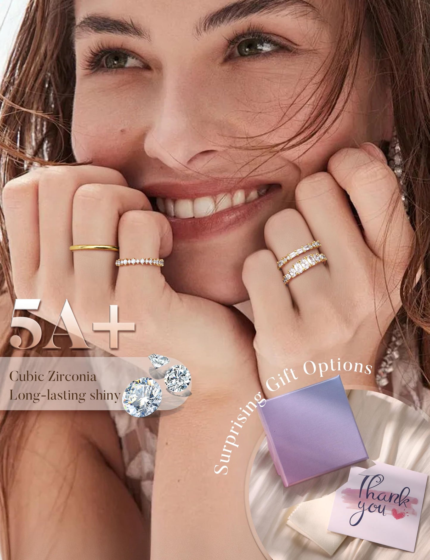 LOLIAS 14K Gold Plated Stackable Rings for Women Non Tarnish - Dainty Cubic Zirconia Wedding Bands Ring Set Minimalist Trendy Statement Engagement Promise Thumb Rings Stacking Size 5-10 Size 10.5