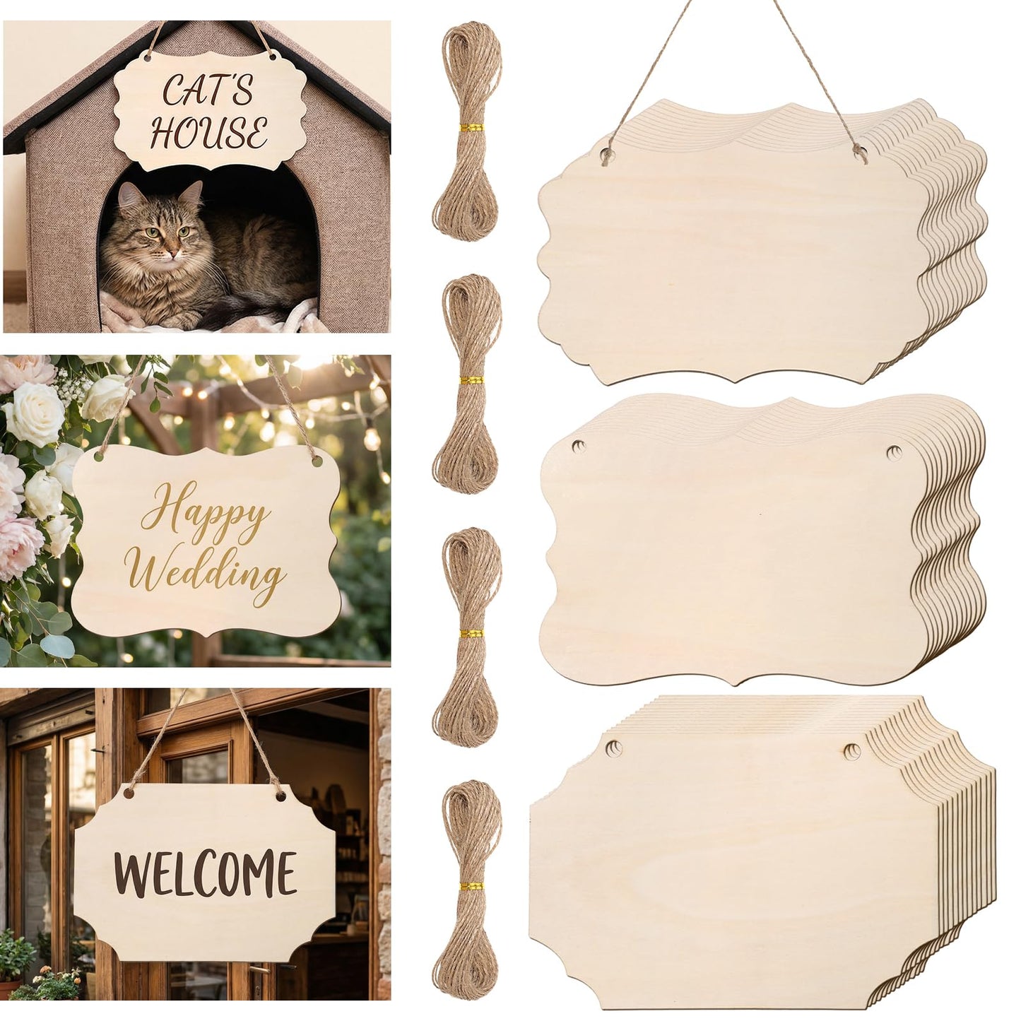 39 Pieces Unfinished Hanging Wood Sign Blanks with Ropes - 3 Style Rustic Wooden Plaques for DIY Farmhouse Door Signs, Wall Art & Holiday Decor