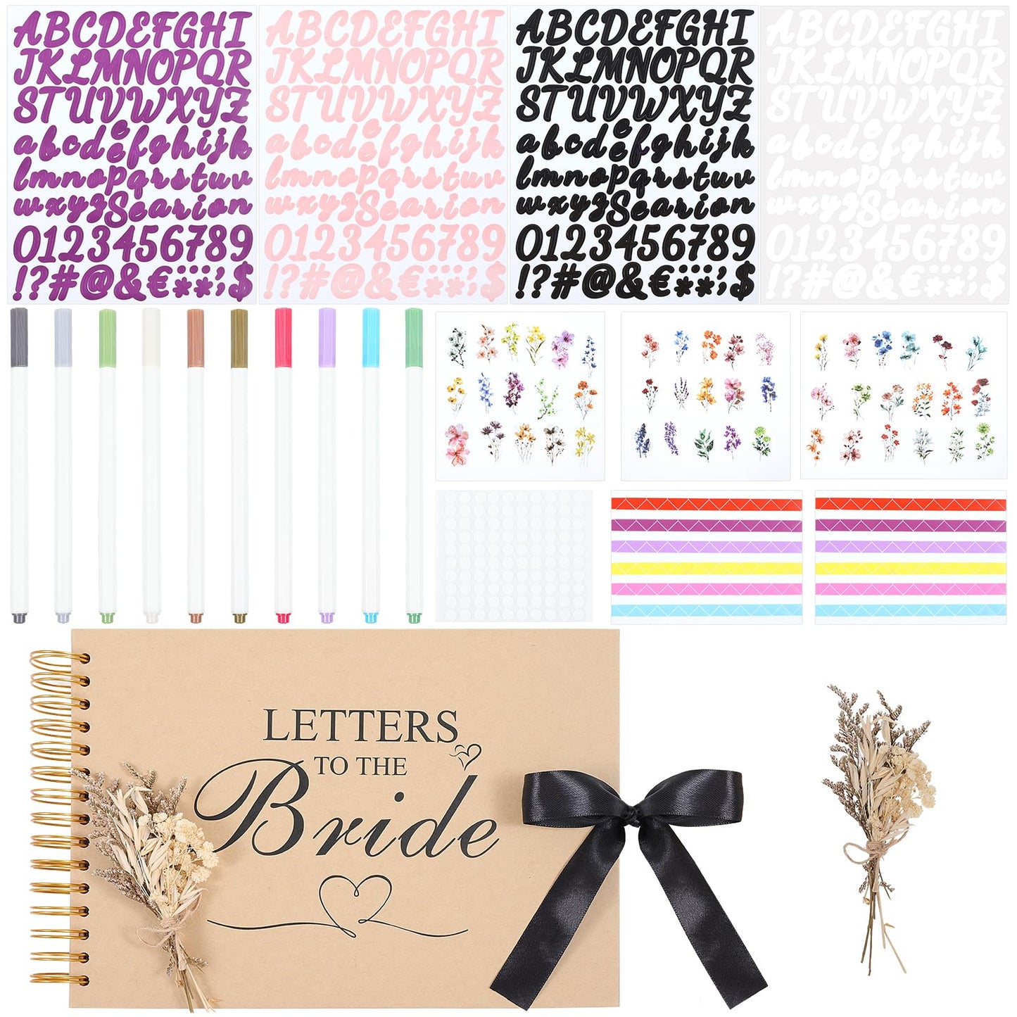 12.6 x 8.3 Inch Letters to The Bride Scrapbook Wedding Memory Book Photo Album Kit with Pens Tapes Flower and Stickers 40 Pages Bridal DIY Blank Paper Scrapbook Hardcover for Lover Friend Kid Wedding