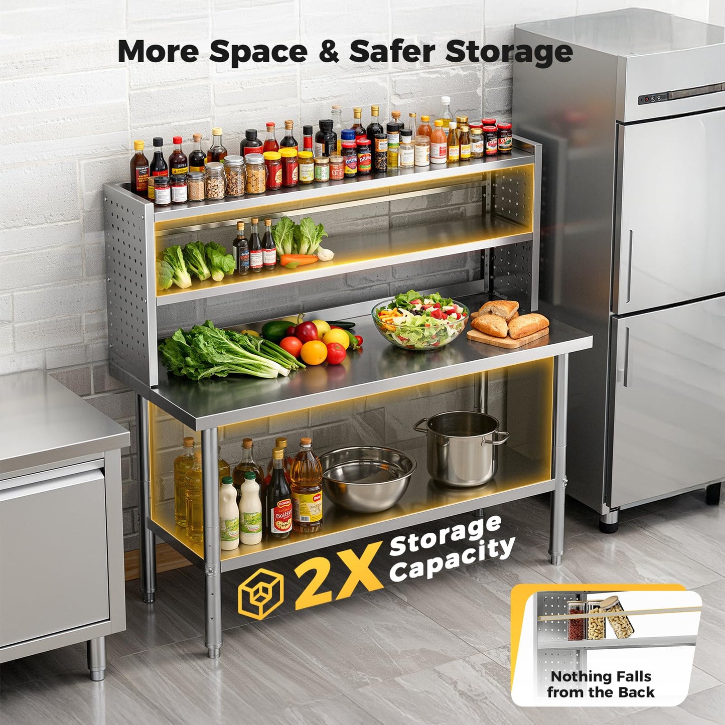 CAMMOO 60x24 in NSF All Stainless Steel Table with Adjustable Shelf & Pegboard Panels & Casters, Kitchen Prep Table Commercial Heavy-Duty Worktable with Large Space Storage for Restaurant Garages