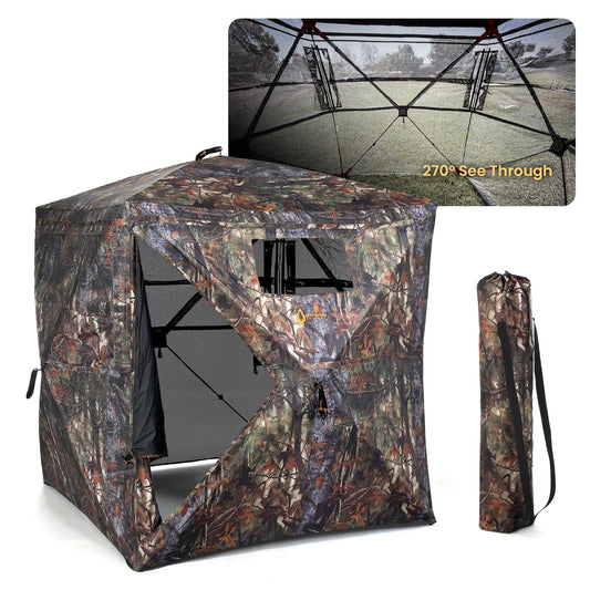 Arrowhead Outdoor 270° Vision 4.8x4.8 Ft Pop-up 2-3 Person See-Through Hunting Stealth Deer Blind Shelter w/Magnetic Door, Sliding Windows and Backpack Carry Bag, Noise-Free Camouflage Design
