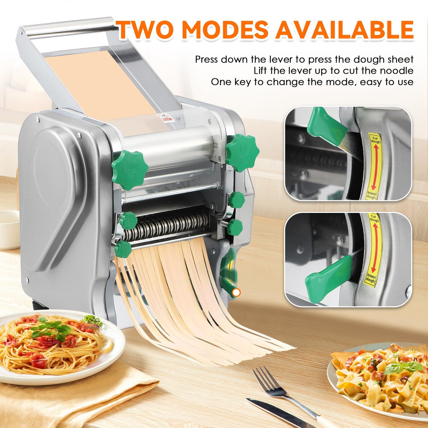 NEWTRY Commercial Pasta Maker Machine Electric Dough Roller Noodle Making Machine with 2/6mm and 2.5mm Round Blade Thickness Adjustable for Fettuccine Pasta 110V
