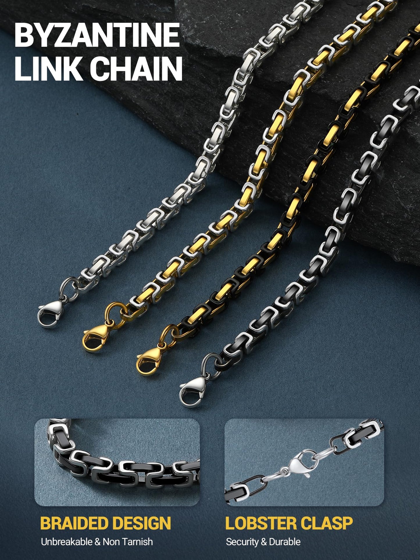PROSTEEL Mens Chain Necklace Black Byzantine Chains Men Stainless Steel Long Necklaces