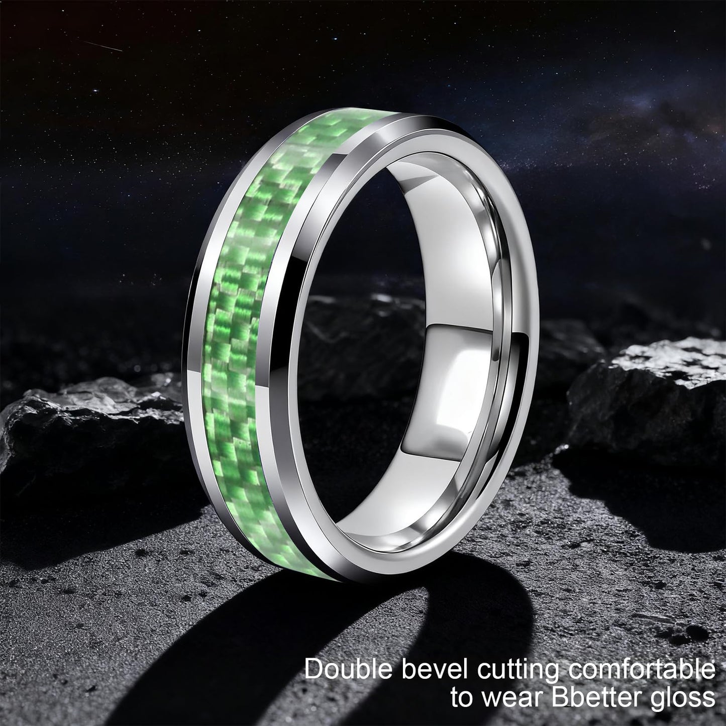 HJIMMNHONG New Carbon Fiber Fashion Rings Double Beveled Edge Delicate Polished Simple Stainless Steel Mens and Women Rings,8mm,Green,Size 11