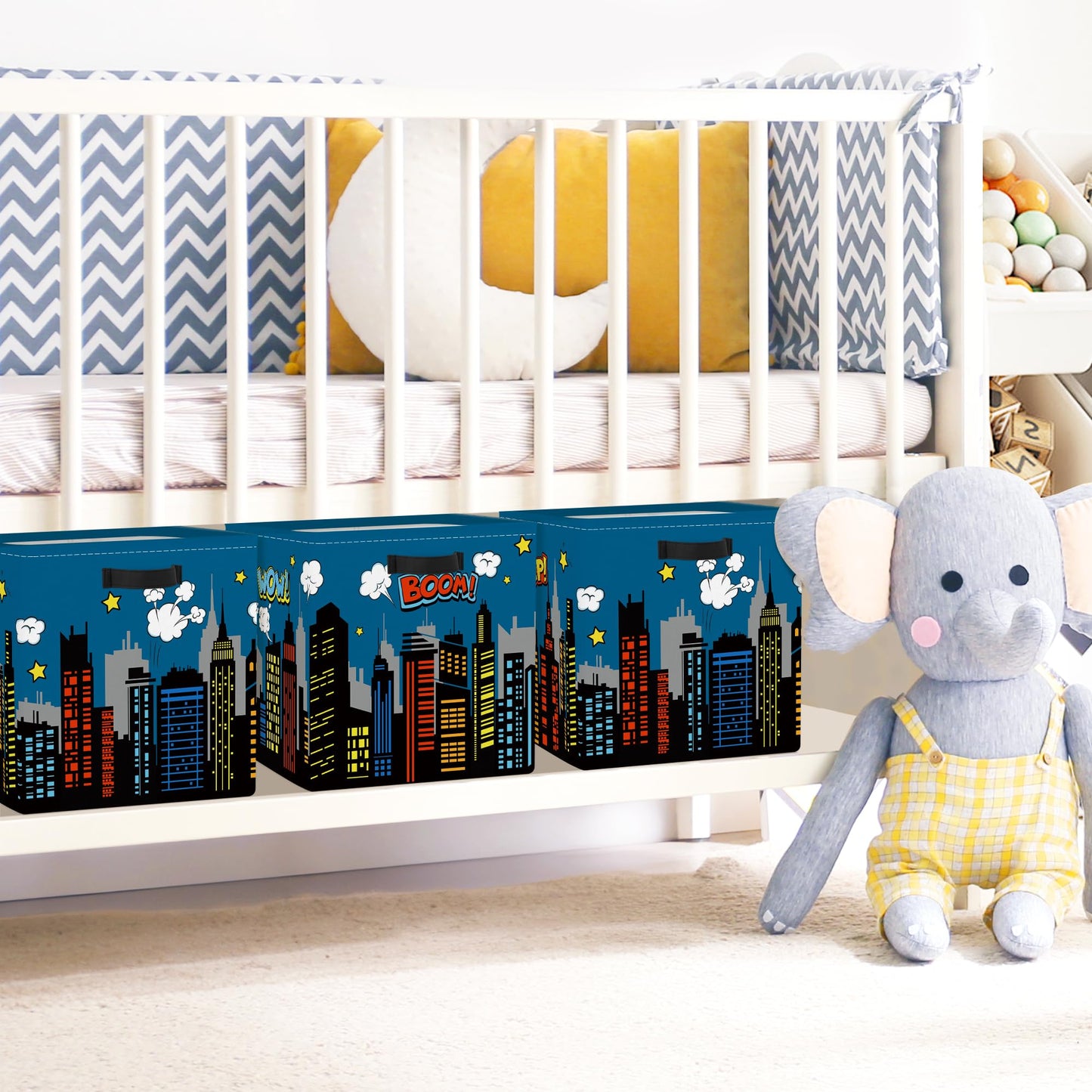 Clastyle Cityscape Hero Kid Storage Cube Organizer Set Skyline Building Silhouette Closet Clothes Cube Storage Bin Nursery Toddler Toy Box Chest Girl Boy Book Shelf Basket,Comic,11.8x11.8x11.8 in