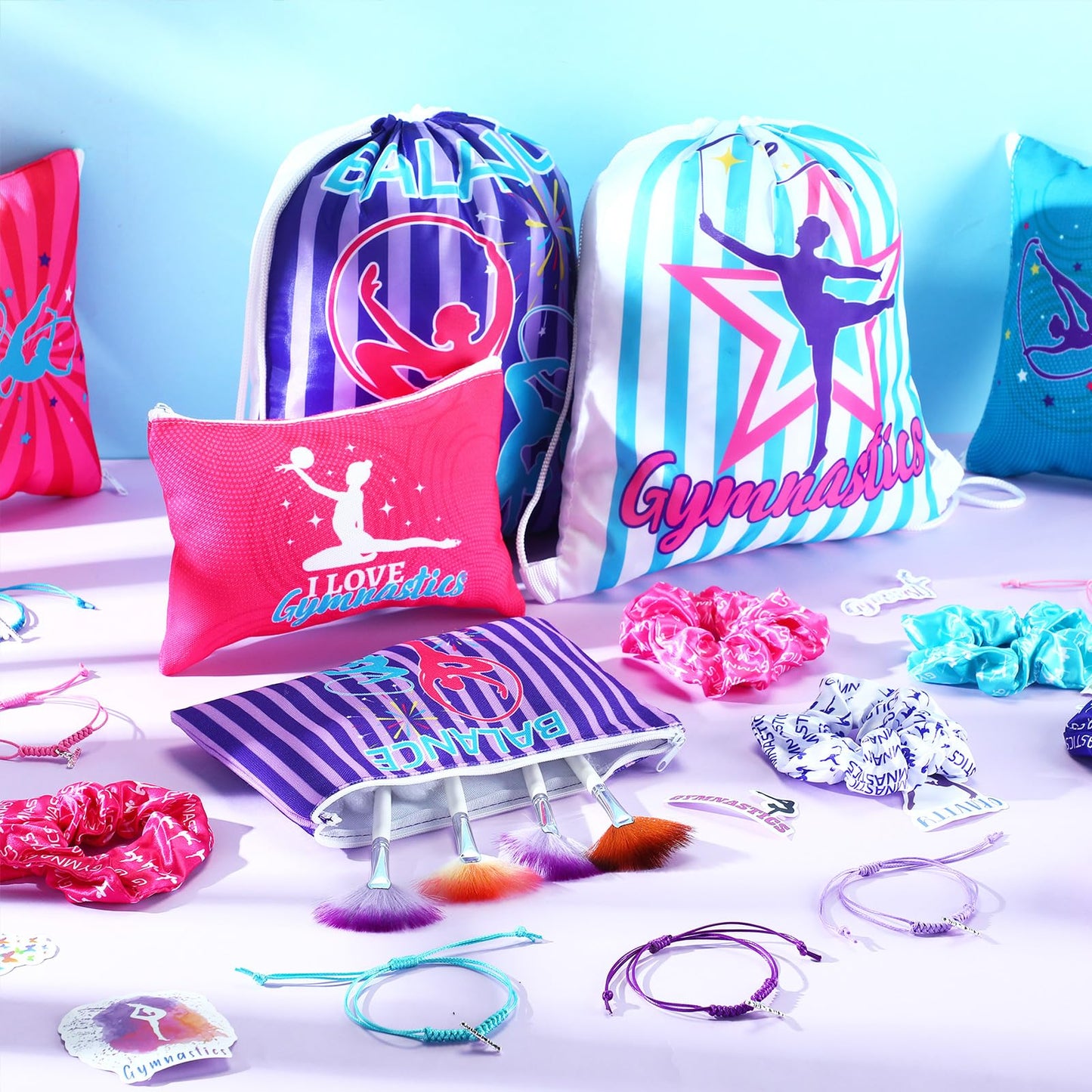 Abbylike 49 Pcs Gymnastics Party Favor Set 12 Makeup Bag 12 Bracelet 12 Drawstring Backpack 12 Hair Ties 1 Set Gymnastic Stickers for Women Girl Gym Sport Yoga