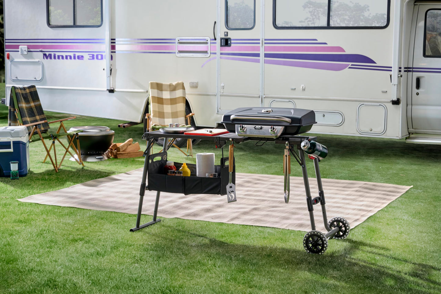 Cuisinart Prep ‘N Go Folding Gas Grill, Portable Stand-Up Propane Grill with Compact Fold and Storage Tote, Wheels and Side Table, 18,000 BTUs for Camping, Tailgating, Outdoor Cooking