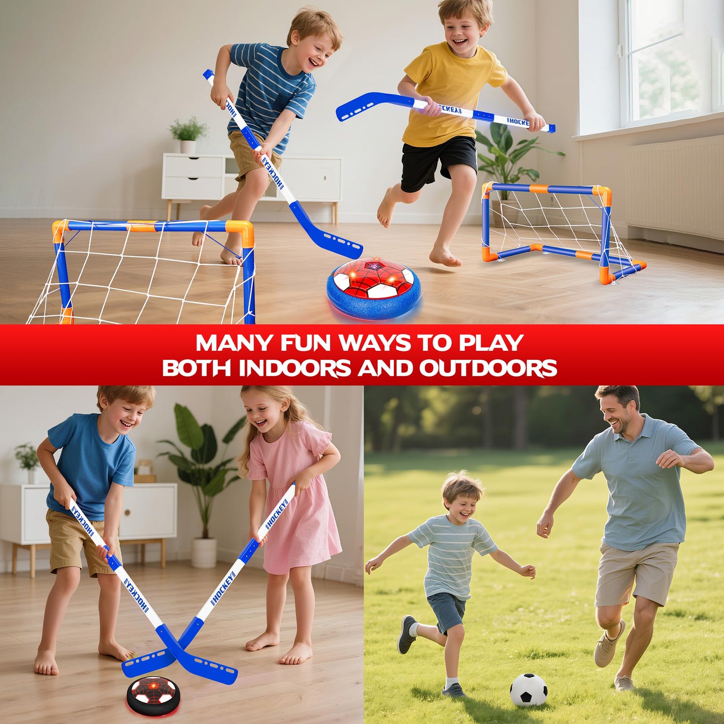 HitToys Hover Soccer Ball Toy for Kids, 2 Pack LED Light-Up Indoor Soccer Balls, 3-in-1 Hover Soccer Hockey Set, Air Floating Football with Rechargeable Battery, Gifts for Boys Girls Ages 3+