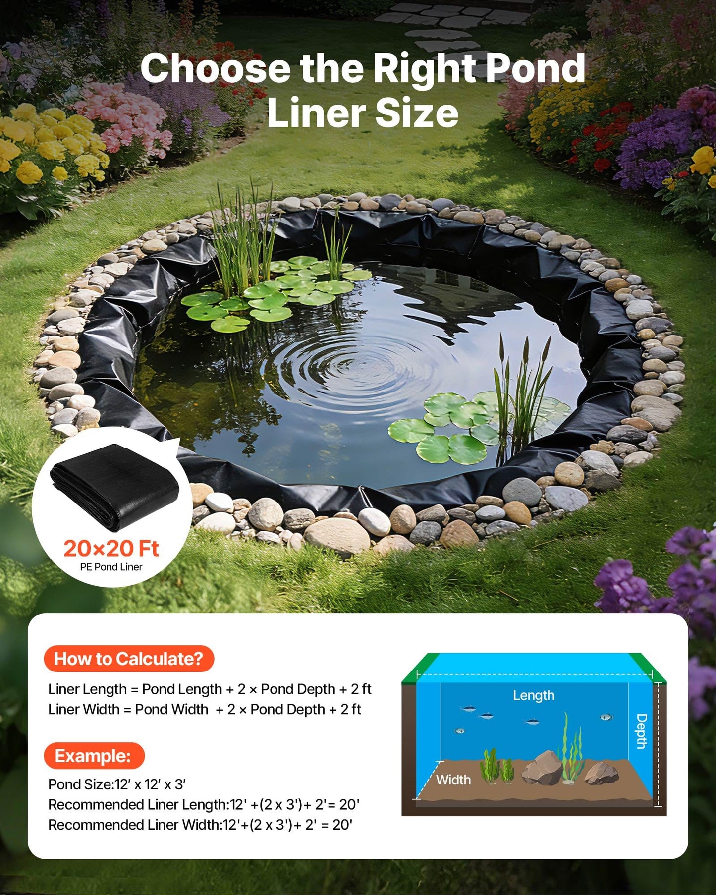 VEVOR 20 x 20 ft Pond Liner, 14 Mil Thickness, 3-Layer Reinforced PE Fish Koi Pond Liner for Outdoor Ponds, with Hemmed Edge and 4 Metal Buttonholes, for Water Garden, Waterfall, and Fountains, Black