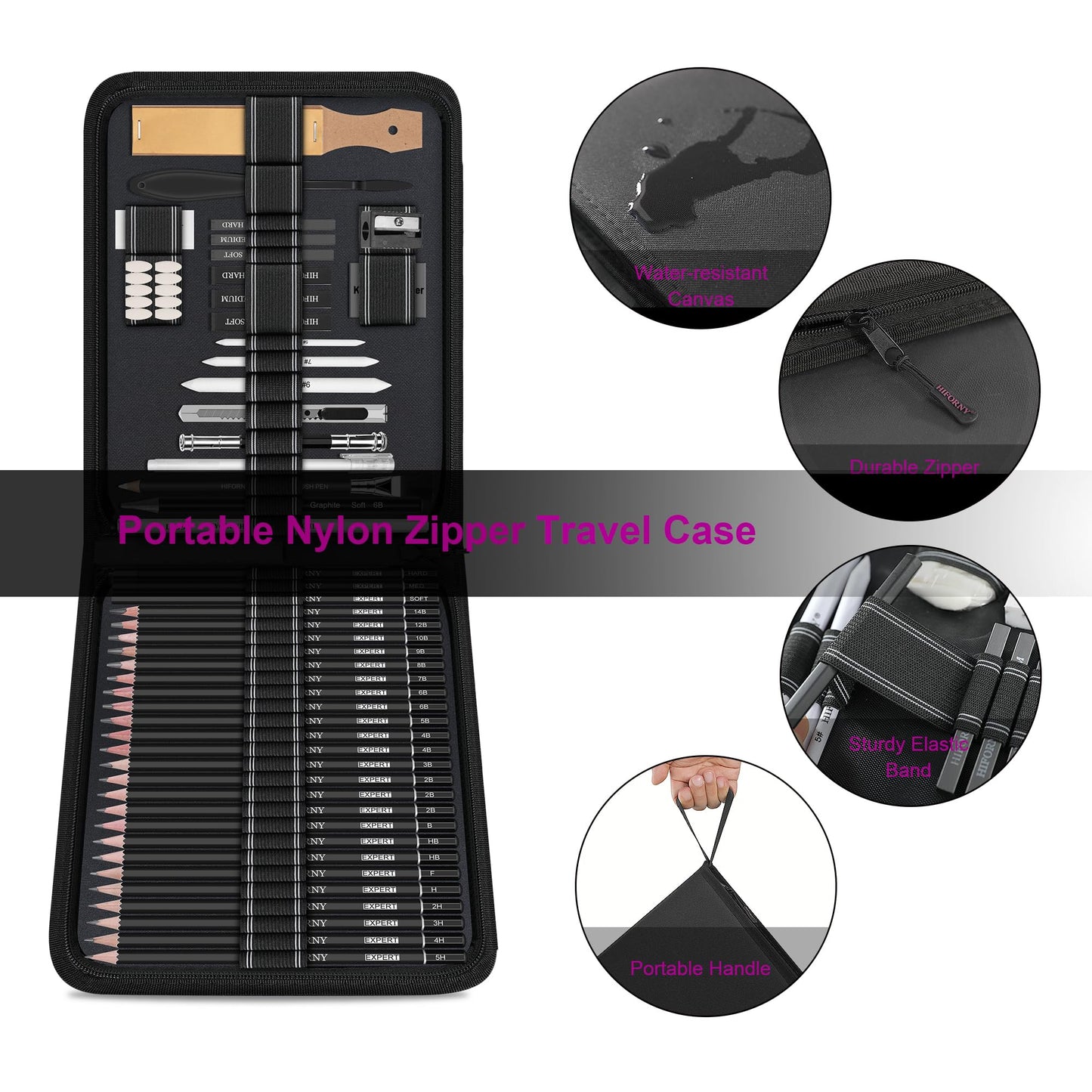 HIFORNY 58 PCS Drawing Kit Sketching Pencil Set,Sketch Pencils Art Supplies with 3-Color Sketchbook,Graphite,Charcoal,Blending Tools,Drawing Pencils for Adults Artists