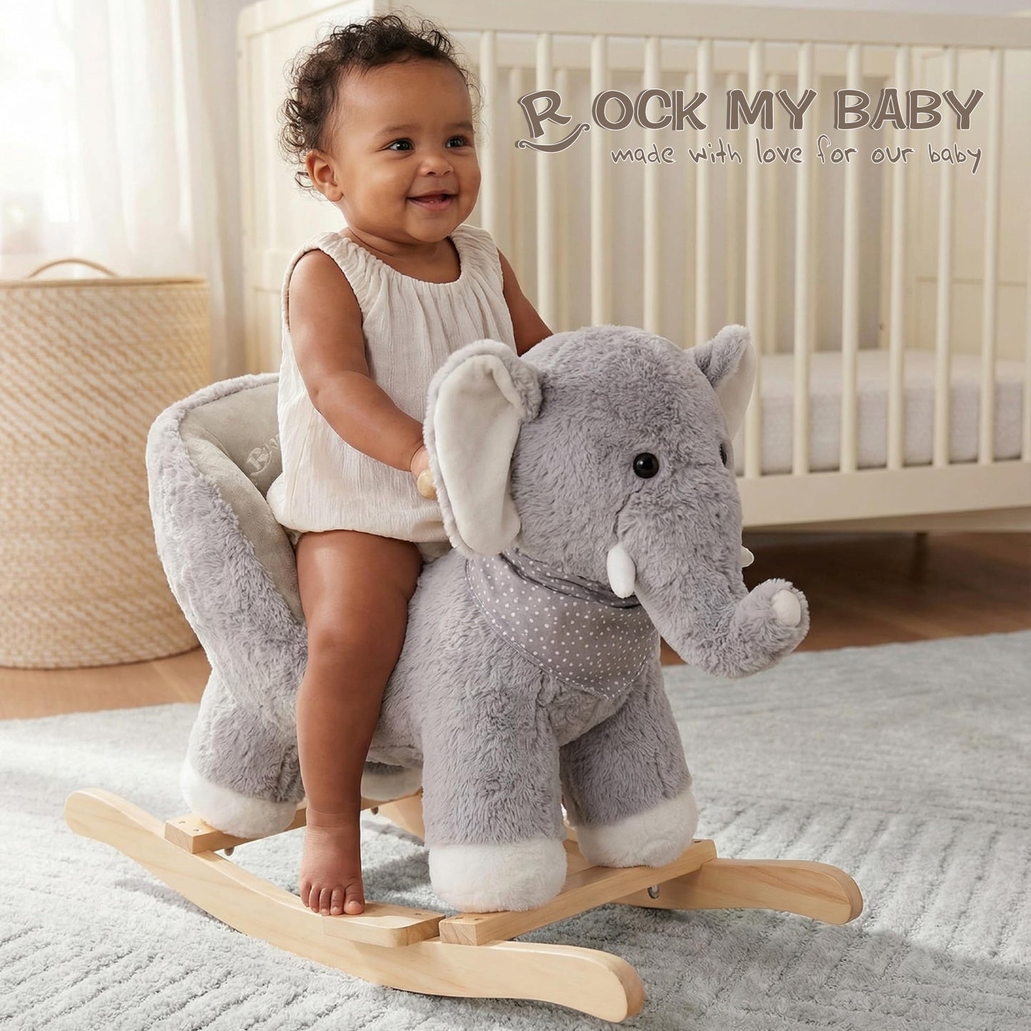 Baby Rocking Elephant, Plush Toddler Rocker with Music & Safety Seat, Sturdy Wooden Ride-On Toy for 1-3 Years, Soft Animal Rocking Horse, CPC Certified (Gray Elephant)