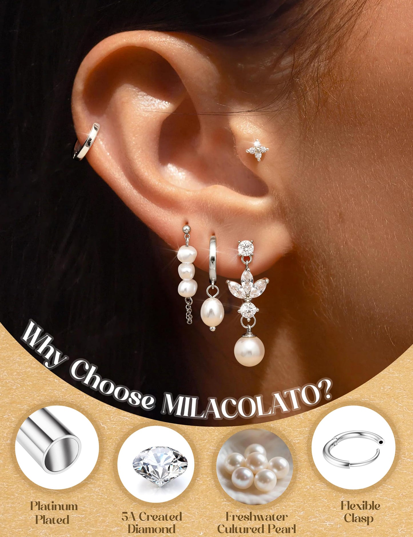MILACOLATO 5Pairs 925 Sterling Silver Earrings for Women Platinum Plated Stud Huggie Hoop Earrings Sets for Multiple Piercing Hypoallergenic Pearl Cartilage Earrings Stacks Trendy Gifts