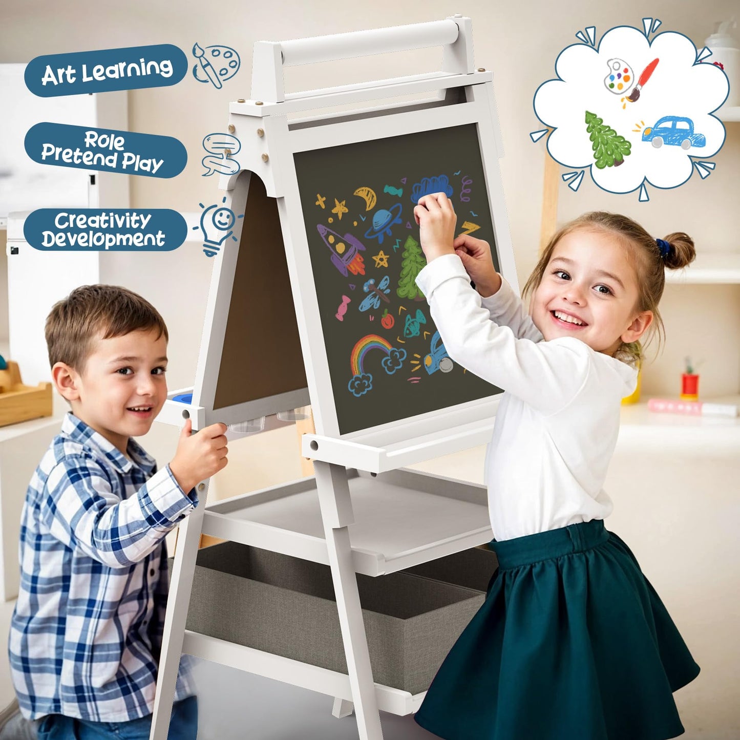 JOYOOSS Art Easel for Kids Ages 4-8 Easels for Toddlers Art Kids Easel Ages 8-12 Wooden Magnetic Whiteboard Chalkboard with Paper Roll for Kid Dry Erase Board Drawing Easels