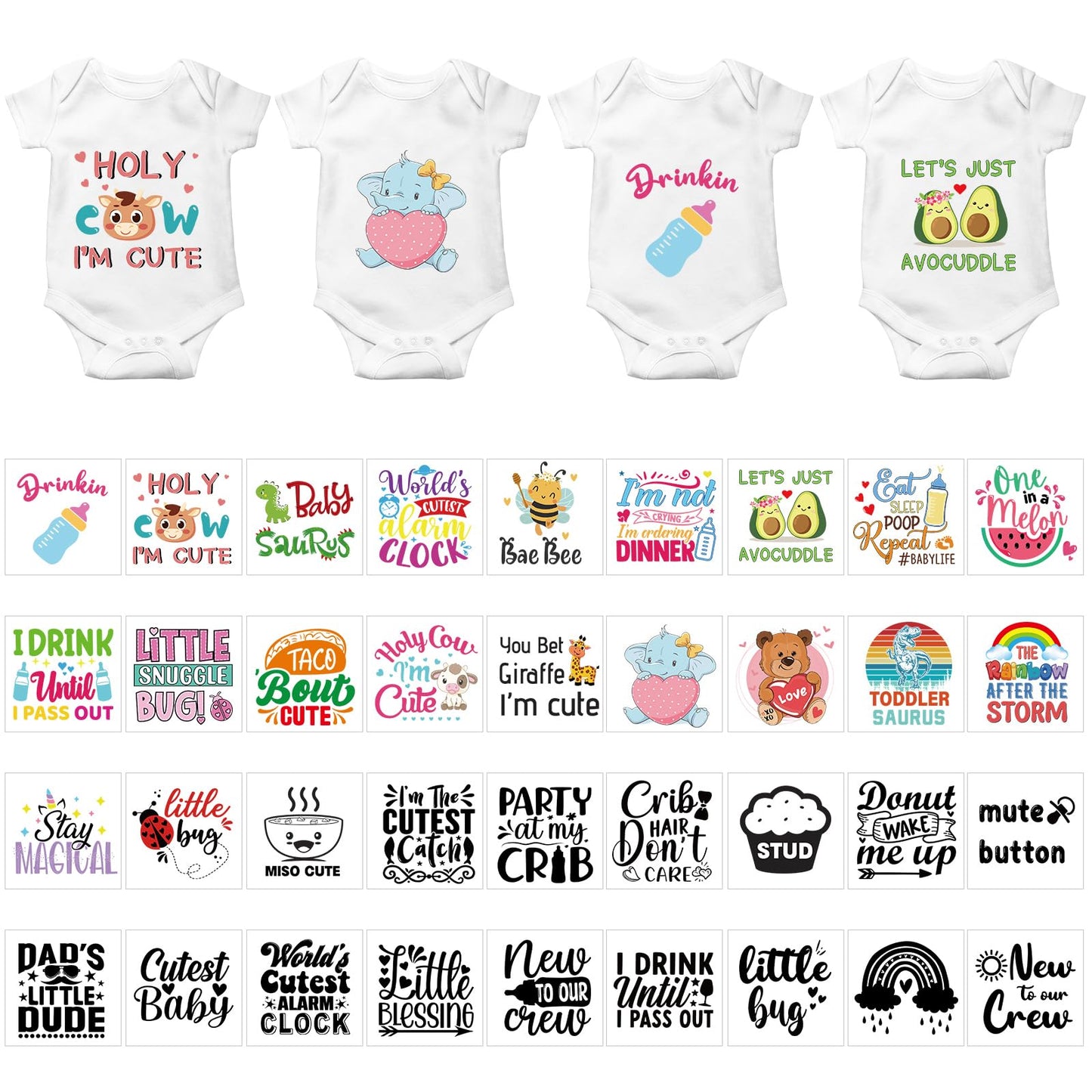 Teling 36 Pcs Iron on Decals Baby Shower Games Iron on Transfers Stickers Patches Baby Bodysuit Making Bibs Decorating Kit Patch Maker for Gender Reveal T Shirt(Cute)