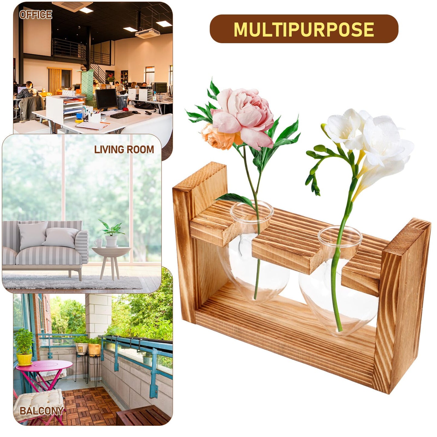 Mobestech Glass Vase with Wooden Stand Heart-Shaped Hydroponic Terrarium for Indoor Plants Desktop Plant Decor Home Vase Set with 2 Glass Containers