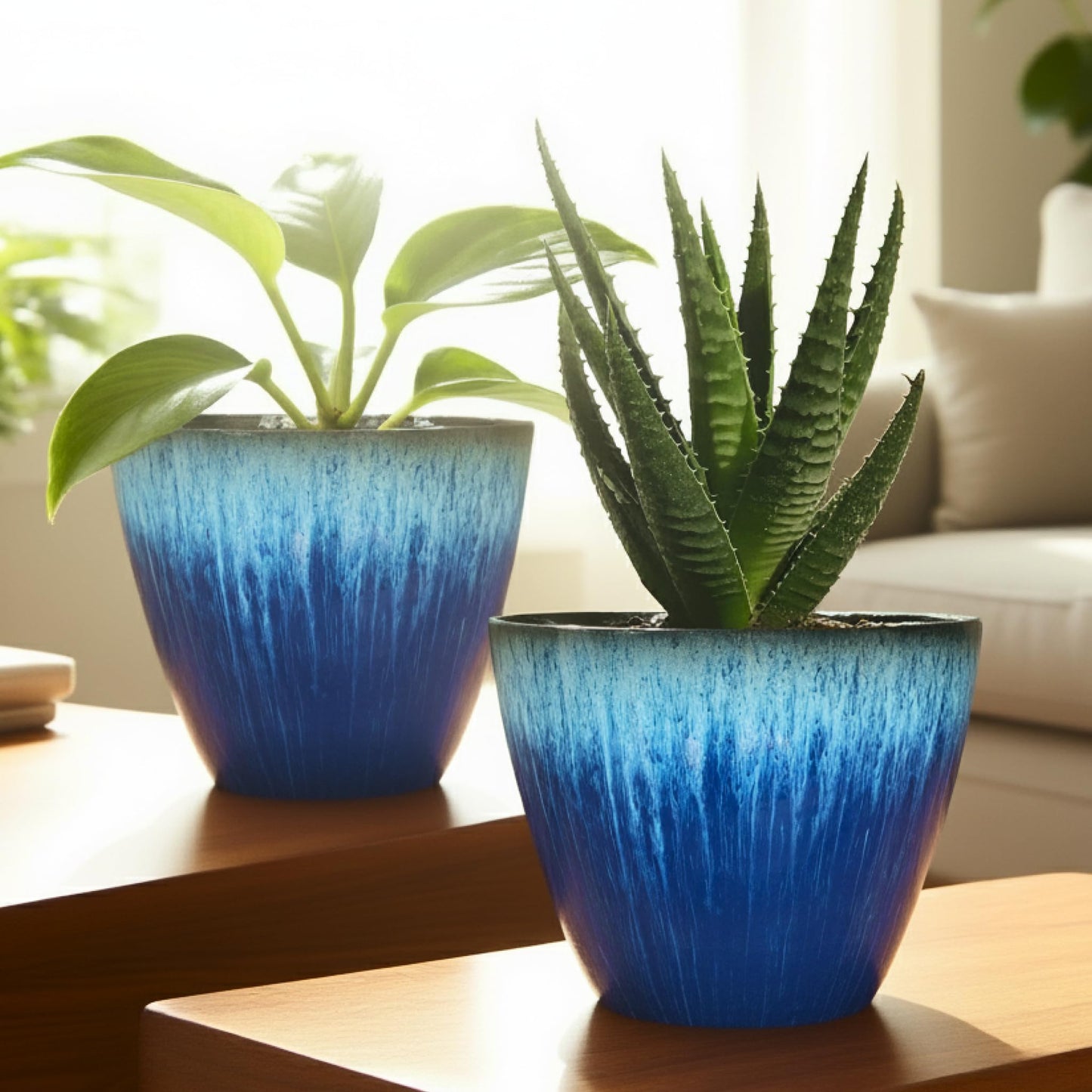 LESOASIS 8 inch Plant Pots with Drainage Holes, Pack of 4 Plastic Flower Pots Indoor, Modern Glossy Finishing Planter for Indoor Outdoor Plants (Blue Glaze, 4 Pack)