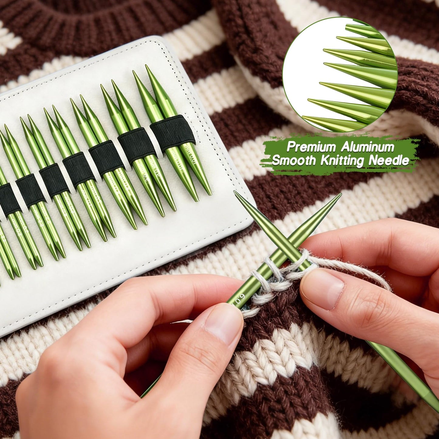 TRILVIX Knitting Needles Set, 13 Pairs Aluminum Interchangeable Circular Knitting Needles Set 4 Inch with 4 Cables, Accessories and Storage Bag for Multiple Knitting Projects Green
