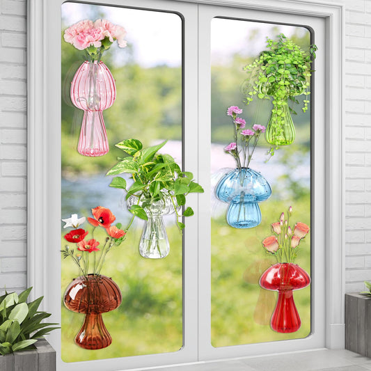 X-Kingsun 6Pcs Window Propagation Stations Colored Mushroom Propagation Vases with 8Pcs Suction Cups Glass Window Wall Hanging Planter Holder Small Bud Vases for Flowers Plant Home Decor