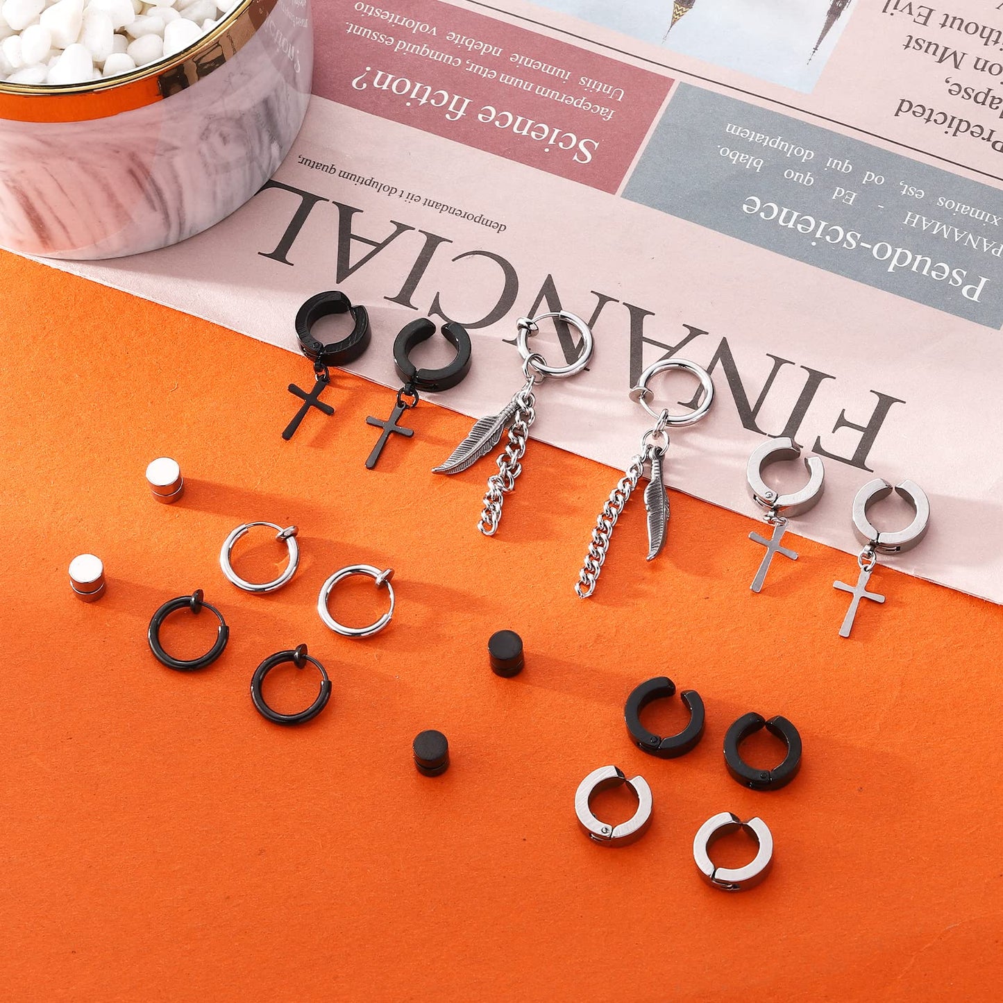 NEWITIN 15 Pairs Magnetic Stud Earrings for Men Clip on Earrings Stainless Steel Magnet Earring Unisex Dangle Cross CZ Hoop Magnetic Stud Earring Set for Men Women
