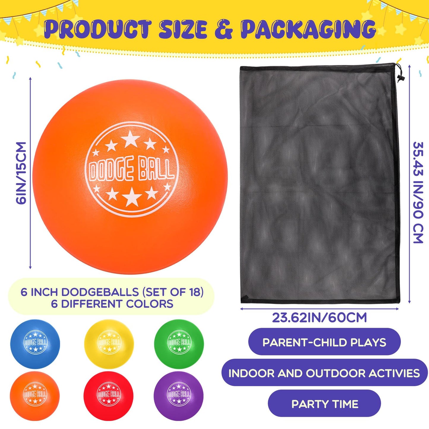 Jerify 18 Pcs Foam Dodgeball Set 6 Inch Soft Skin Playground Dodgeballs Bulk with Storage Bag, Low Density Foam for Non Sting Dodgeball Sports Equipment for Kids and Adults