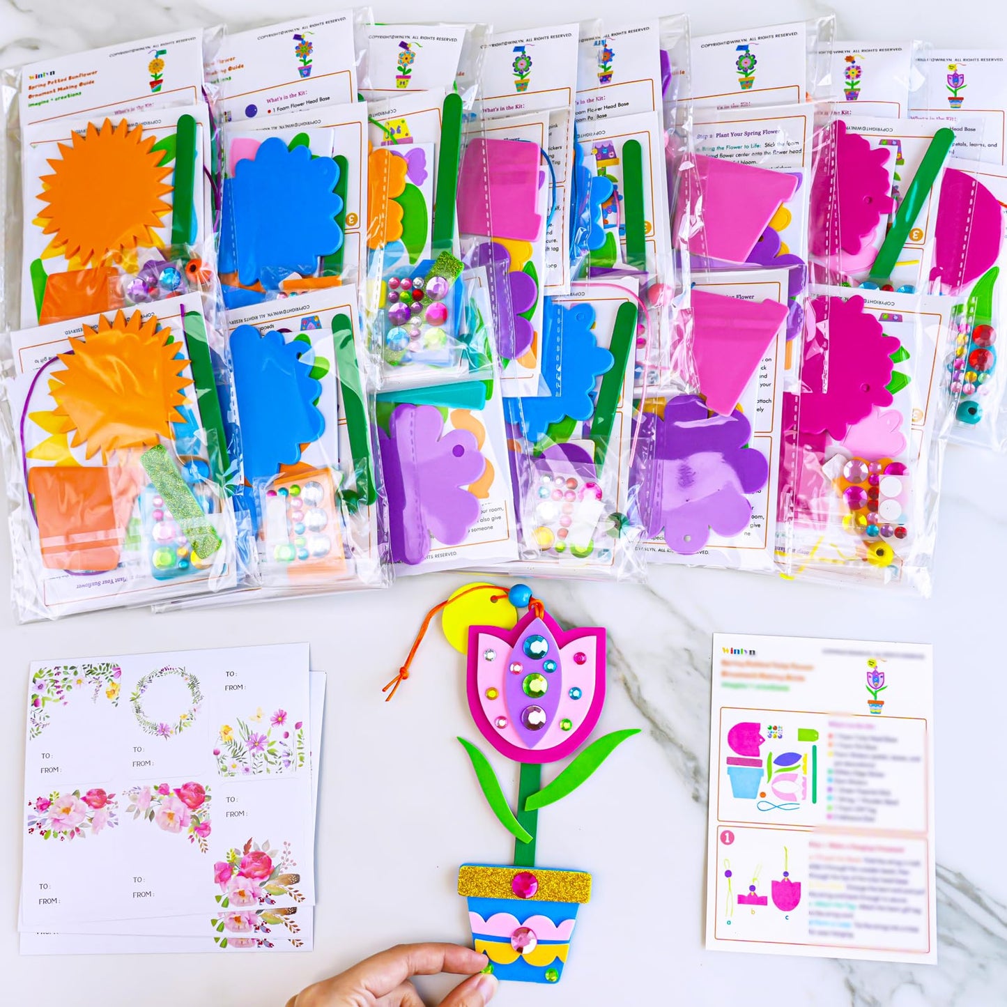 Winlyn 24 Sets Potted Flower Craft Kits DIY Potted Flower Ornaments Decorations Tulip Sunflower Foam Stickers Arts and Crafts for Kids Classroom Activities Birthday Spring Summer Camping Party Favors