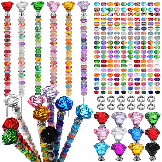 Tigeen 236 Pcs Garden Stake DIY Fairy Wand Plant Stake with 12 Colorful Crystal Stopper Top 12 Threaded Rod with 200 Large Hole Bead for Spring Summer Holiday Outdoor Decorations(Rose Flower)
