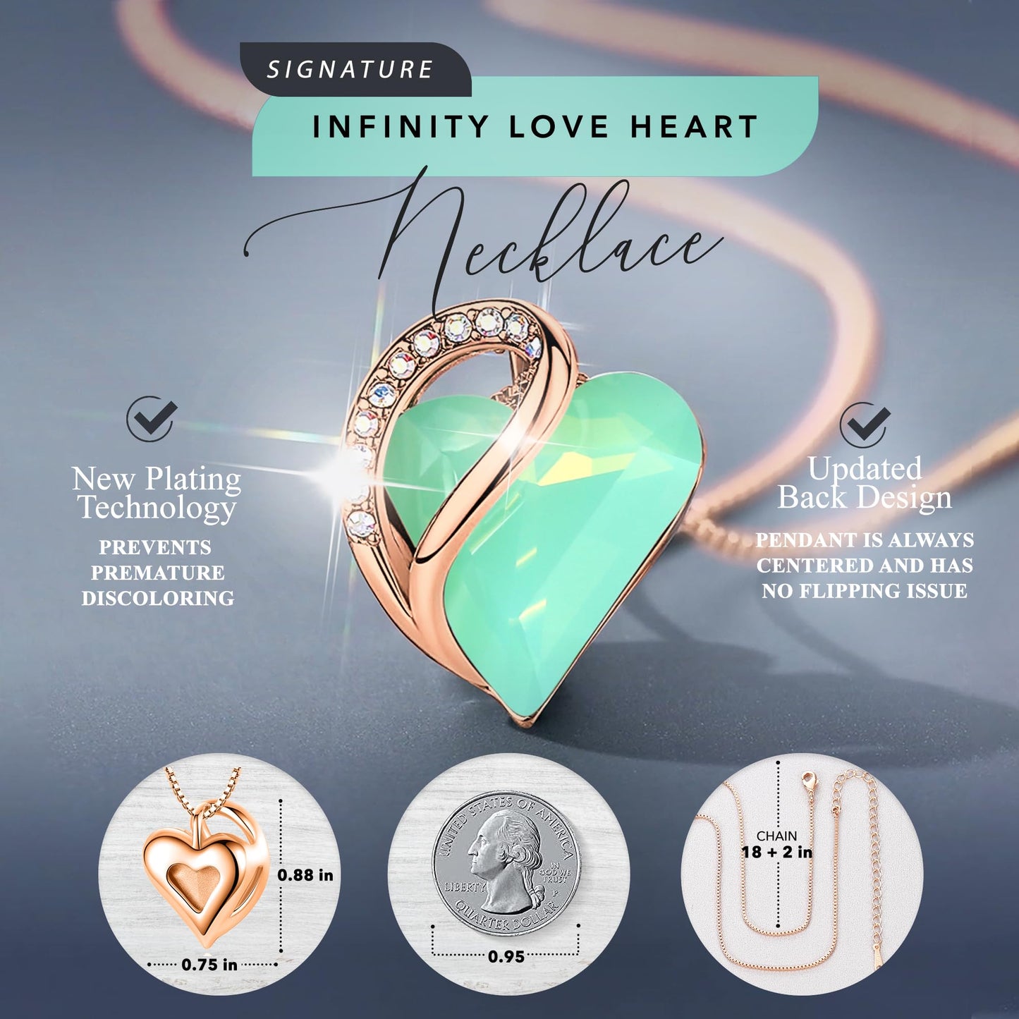 Leafael Gifts for Women Rose Gold Plated Necklaces: Heart Shaped Jade Green Healing Crystal, Cubic Zirconia, Hypoallergenic Chain (18"+2"), Jewelry for Anniversaries and Birthdays
