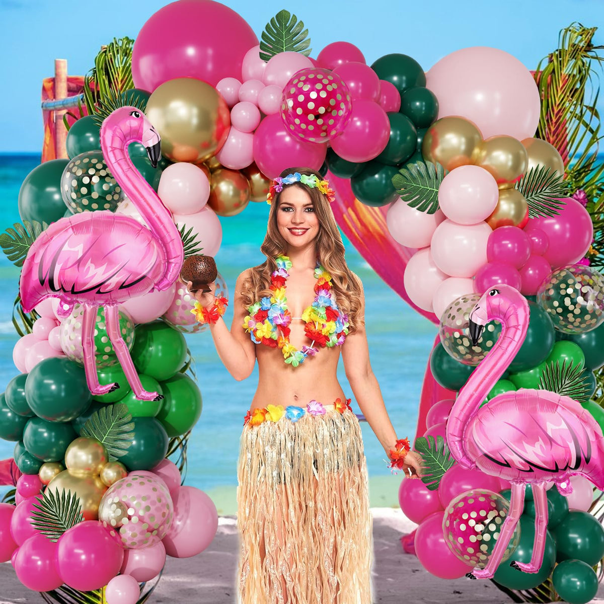 156Pcs Tropical Flamingo Balloon Arch Garland Kit, Hot Pink Dark Green Light Pink Gold Confetti Flamingo Foil Balloons with Palm Leaves for Hawaiian Luau Aloha Summer Beach Birthday Party Decorations