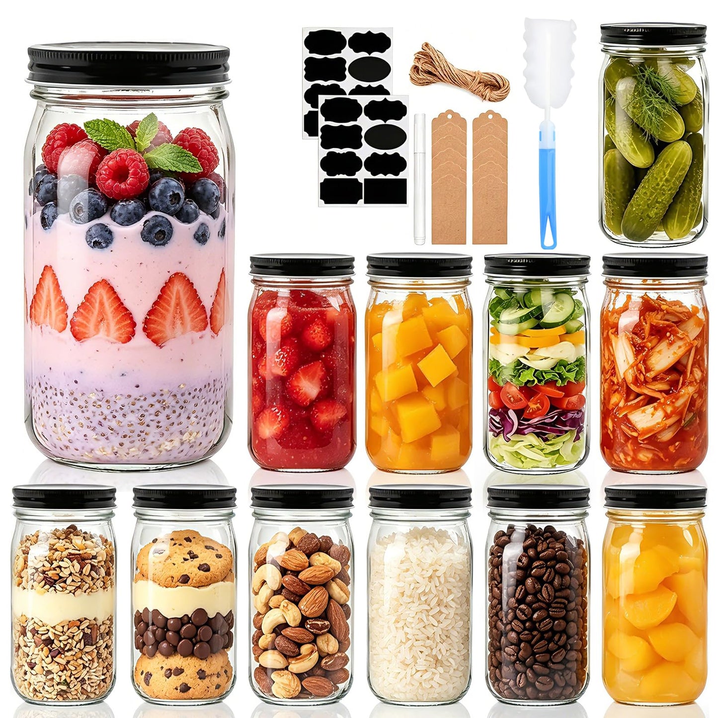 QAPPDA 32 OZ Glass Jars with Lids Set of 12,Clear Wide Mouth 1000ML Glass Mason Jar with Airtight Lid,Durable Glass Food Storage Canning Jars for Pickles,Jams,Preserving