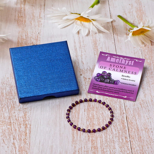 QOGIR Amethyst - Stone of Calmness - 14K Gold Plated Beads Natural Gemstone Stretch Elastic Dainty Healing Beaded Bracelets Gifts 4mm