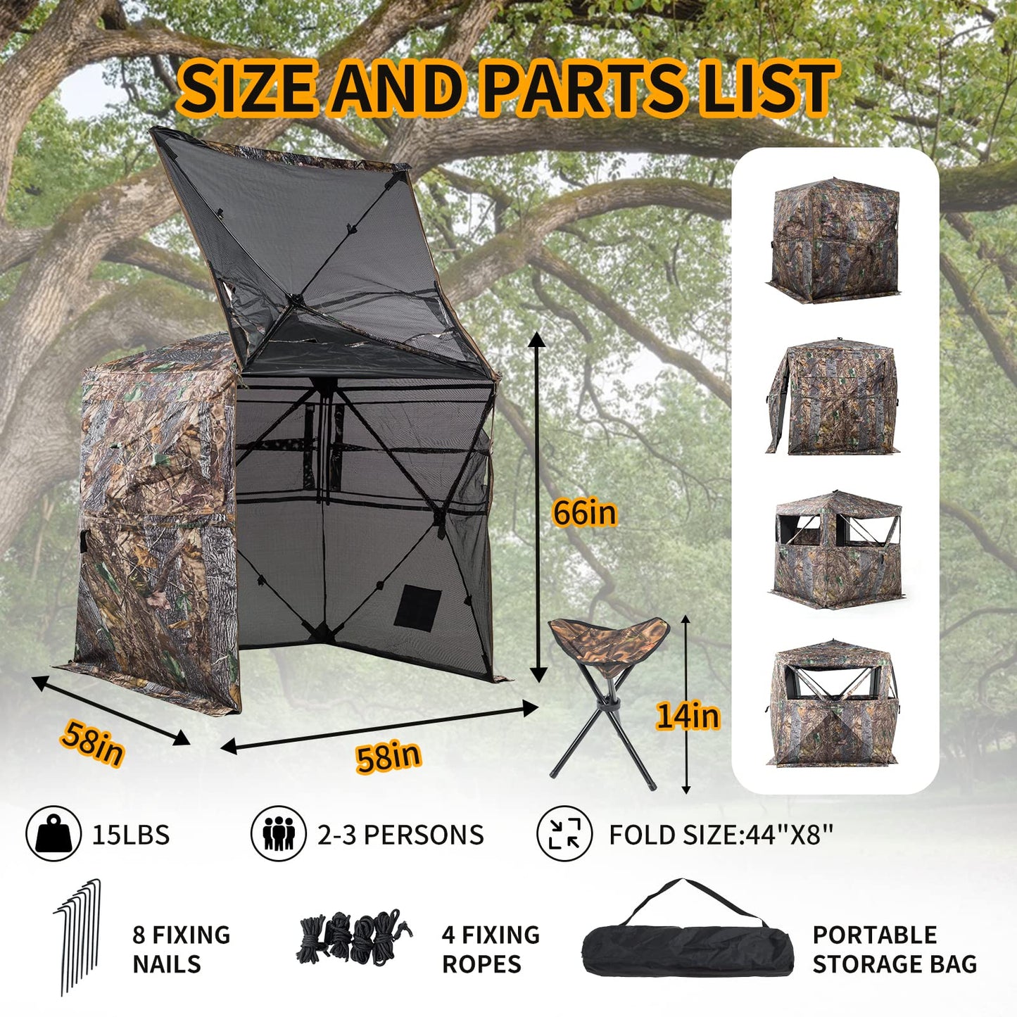 FUNHORUN Hunting Blind 360 Degree See Through Ground Blind with Chair and Carrying Bag, 2/3 Person Pop Up Camouflage Tent Portable Concealed Shelter