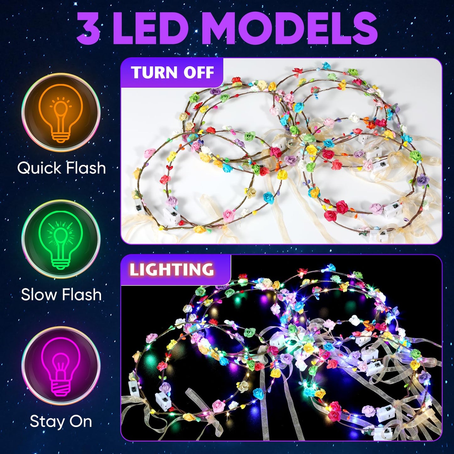 Chicloop 50 PCS LED Flower Crowns Headbands with Ribbons, Light Up Flower Headband for Women, Glow in the Dark Party Supplies for Wedding Birthday Party