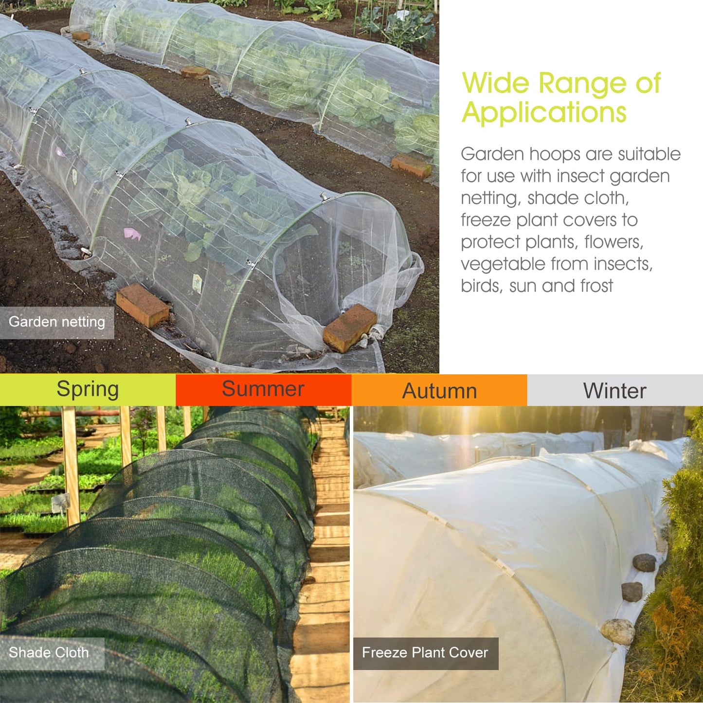 RIFNY 30 PCS Garden Hoops for Raised Beds, Greenhouse Hoops Kit Long Grow Tunnel for Row Cover, Rust-Free Fiberglass Garden Support Poles for Insect Mesh Netting Freeze Plant Cover (Green)