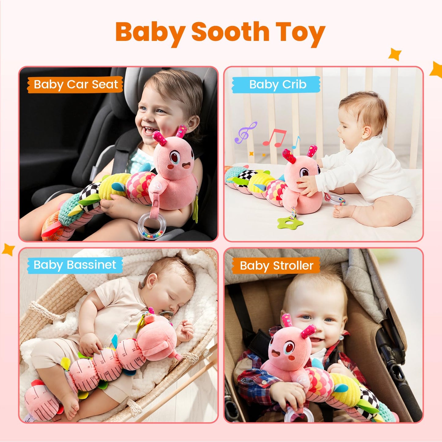 Baby Toys 0-6 Months, Washable Baby Musical Caterpillar Toys with 10 Children's Songs,Rattles,Teething Toys,Suitable for 0-6, 6-12 Months Infant Tummy Time Toy,Newborn Baby Boy&Gril Gifts(Light Pink)