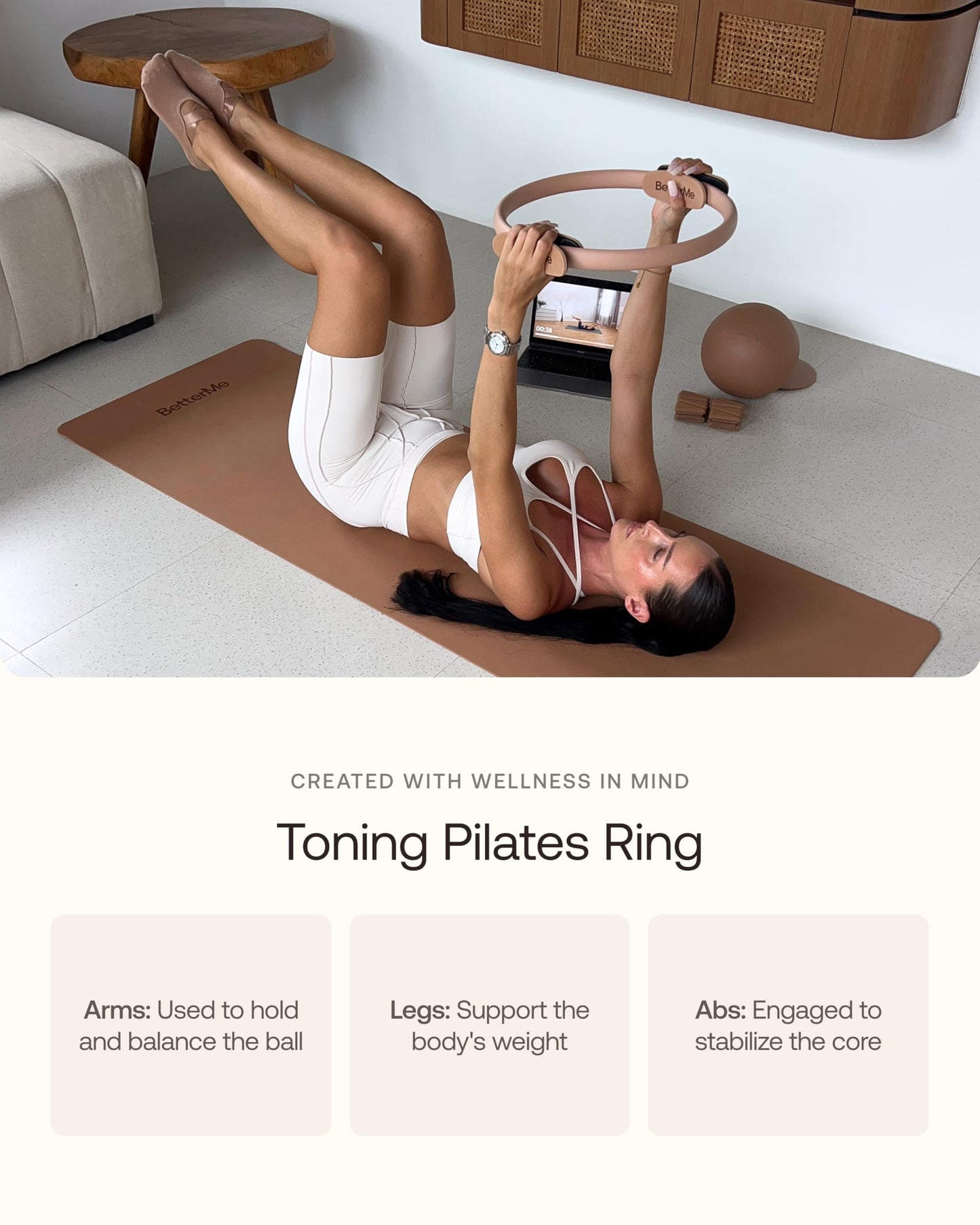BetterMe Toning Pilates Ring – Magic Circle Pilates Ring for Strength & Flexibility – 15 Inch Fitness Ring for Home Pilates & Yoga Workouts (Chocolate Brown)