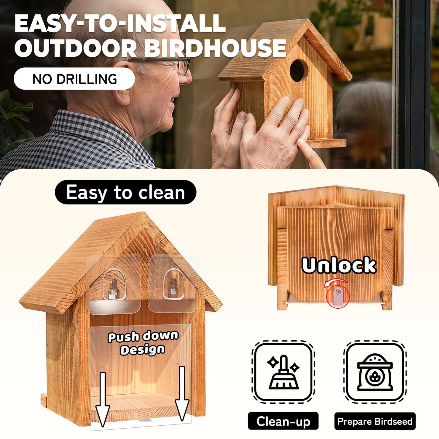 Window Bird Houses for Outside with 2 Powerful Hooks, Clear Window Bird House for Viewing Inside, Hanging Wooden Birdhouses to Paint for Outdoors, Bird Nesting Box for Bluebird Finch Chickadee