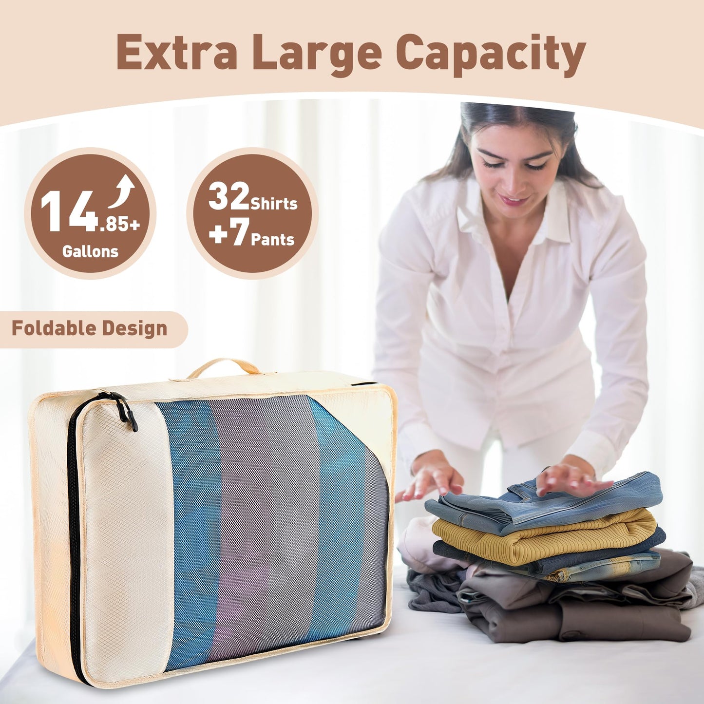 Toncoke 8-Piece Packing Cubes for Travel, Mesh Luggage Organizers with Shoe Bag, Toiletry Bag, Laundry Pouches, 4 Sizes (XL/L/M/S) for Suitcase Organization, Men Women Kids, Beige