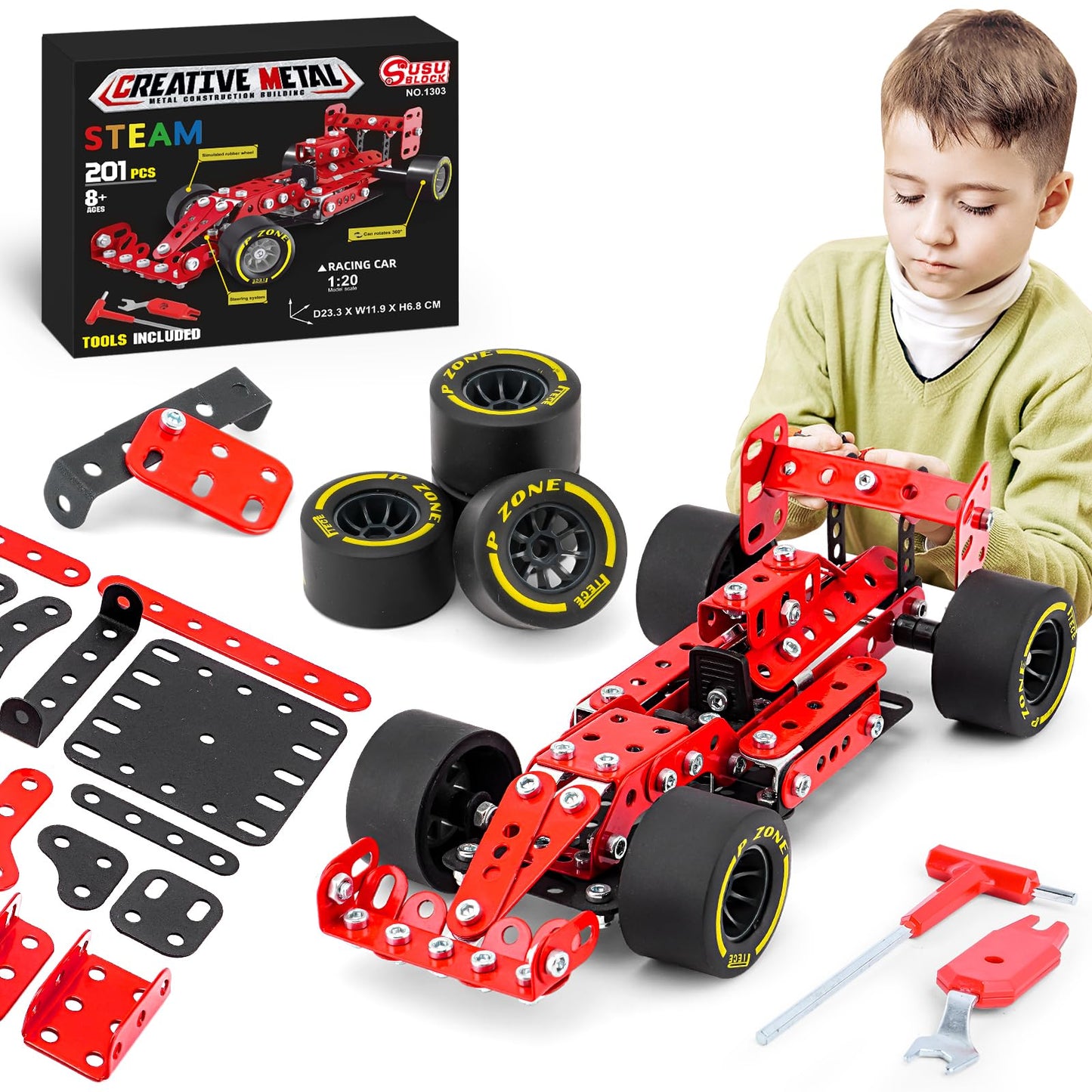 Building Car Metal Model Kits,STEM Building Toys Model Car Kits for Boys 8-12,Erector Sets 1:20 Scale Red Racing Car Metal Building Blocks for Kids Boys 8 9 10 11 12-16 Years Old