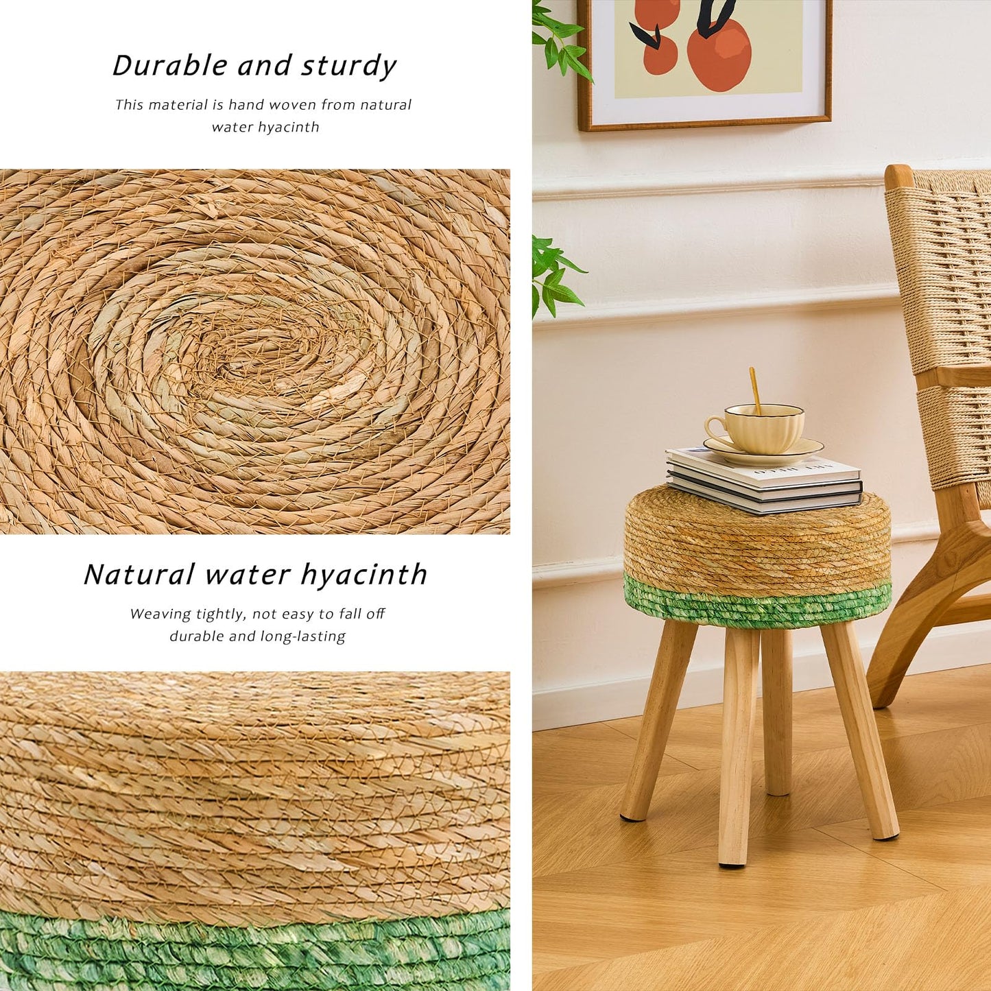 LGENHOOM Handwoven Outdoor Ottoman, Water Hyacinth Pouf Round Patio Footstool with Wood Legs, 17-Inch Multipurpose Vanity Stool, Dining Chair, Patio Footrest for Balcony and Garden, Green