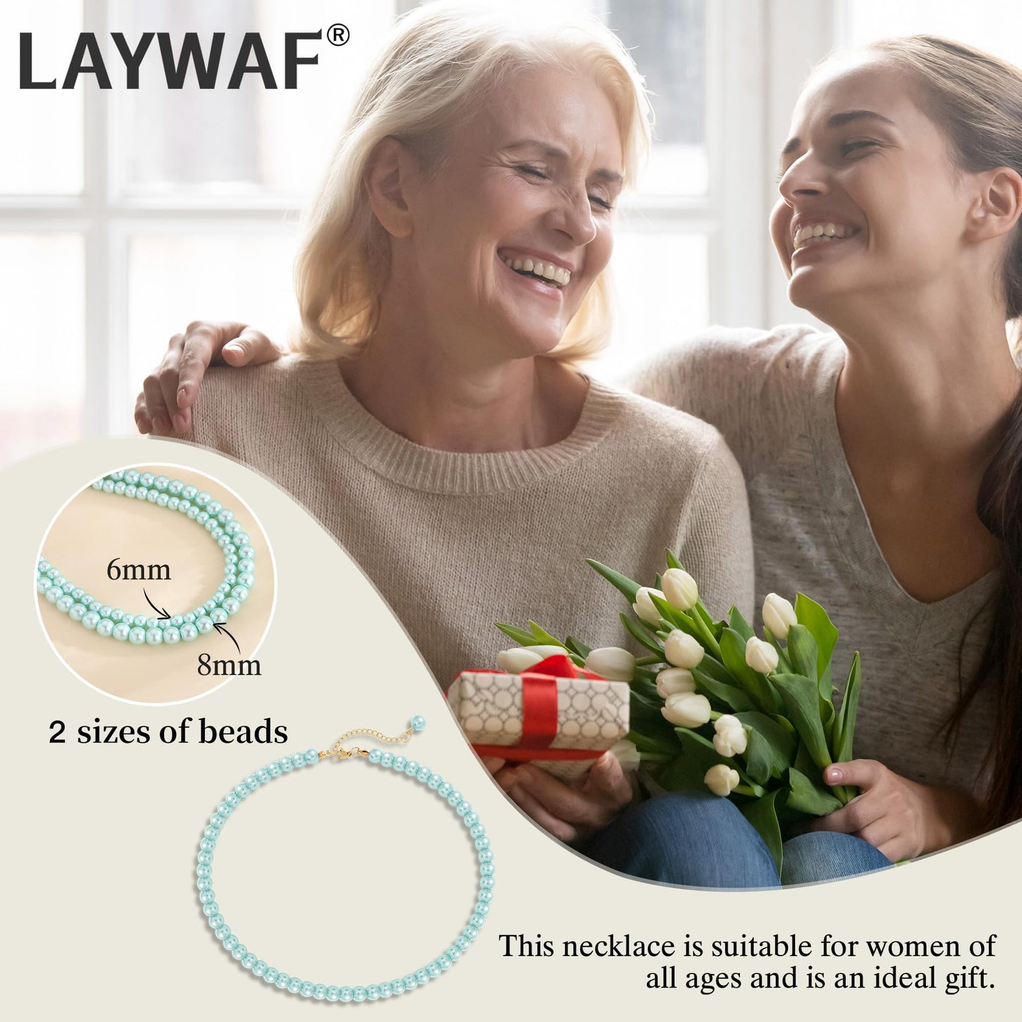 LAYWAF Imitation Pearl Choker Necklace for Women Mom, 8MM Blue Fake Pearls Beaded Necklace, Simple Dainty Faux Pearl Costume Jewelry, Chunky Imitation Pearl Accessories