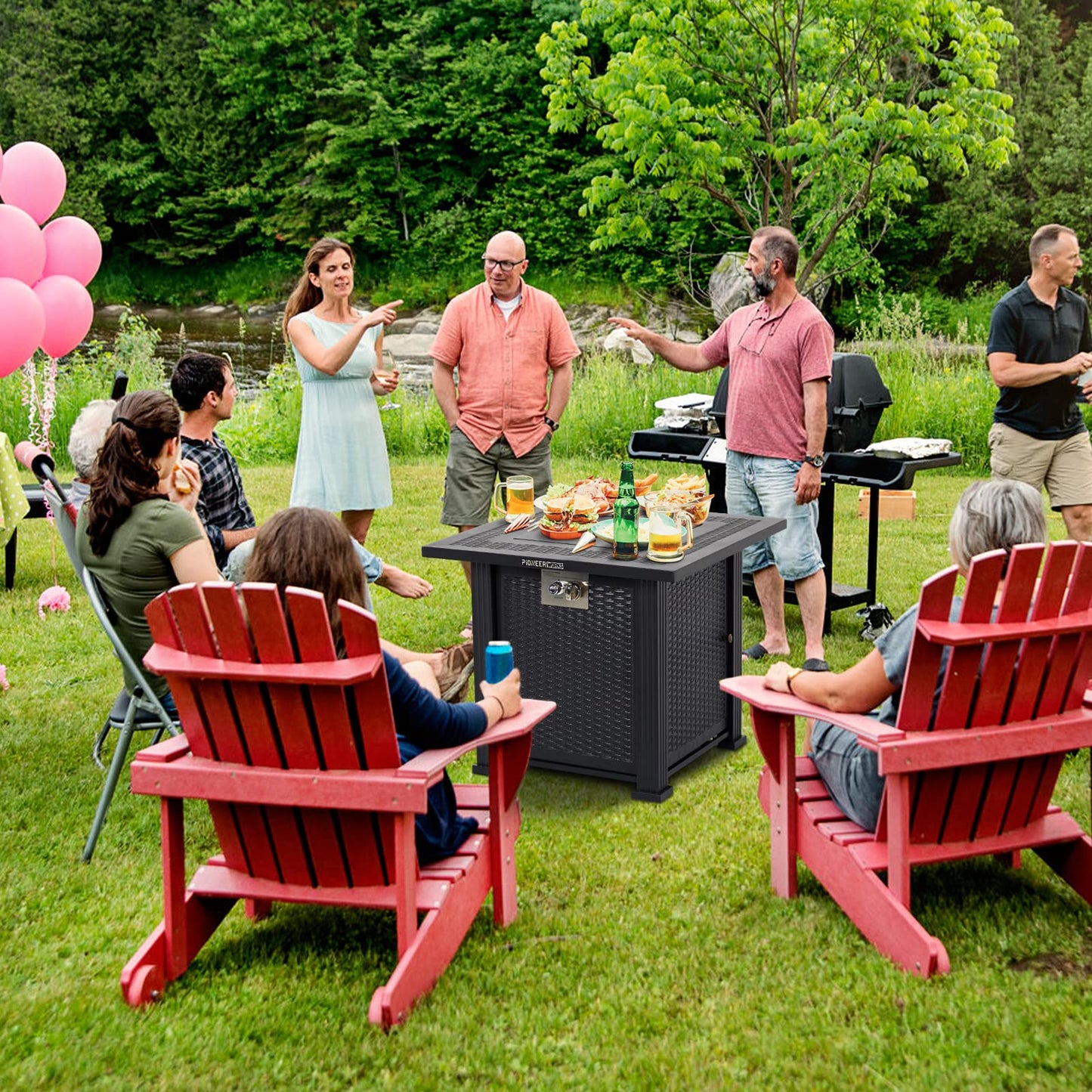 28 Inch Propane Fire Pit Table, PioneerWorks 50000BTU Rectangle Fire Table with Cover, Sturdy Steel and Iron Fence Surface, CSA Safety Certified, Companion for Your Garden