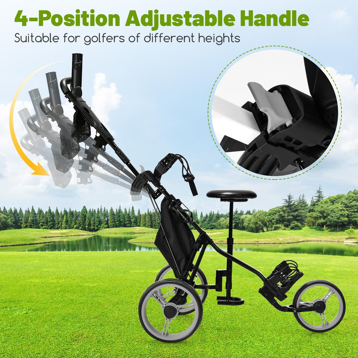 Goplus 3 Wheel Golf Push Cart, Lightweight Foldable Caddy Cart w/Adjustable Seat, Handle, Umbrella Holder, Foot Brake, Golf Trolley for Golf Bags, Collapsible Golf Pull Cart for Men Women (Grey)