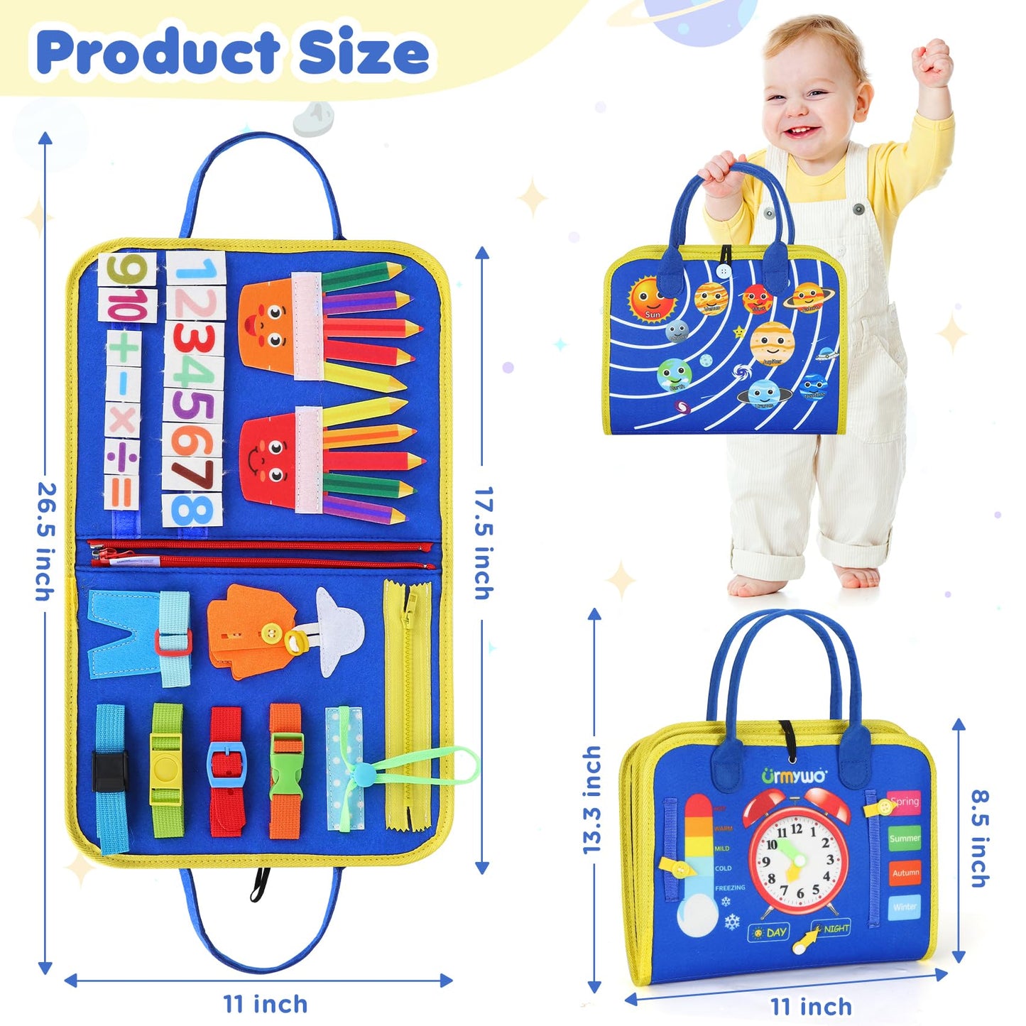 URMYWO Busy Board - Montessori Toys for 1 2 3 4 Year Old, Busy Book Toddler Activities with Fine Motor Skills, Autism Sensory Toys Gifts for Boys Girls, Travel Toys for Road Trip Plane Car
