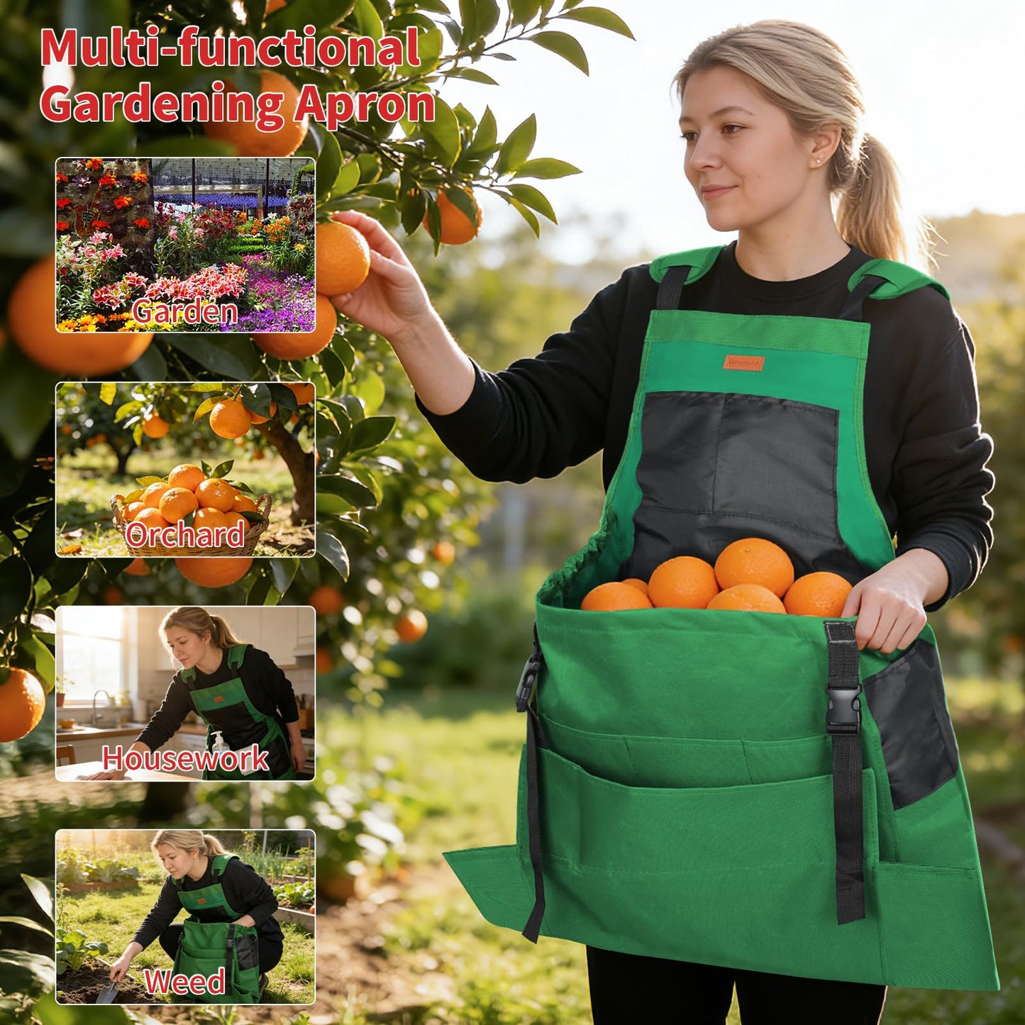 iHansee Green Gardening Apron with Pockets, Garden Apron with Protective Gloves for Women&Men, Harvest & Foraging Aprons w/Quick Release Pocket for Gardeners, One Size Fits Most, Gardening Gifts