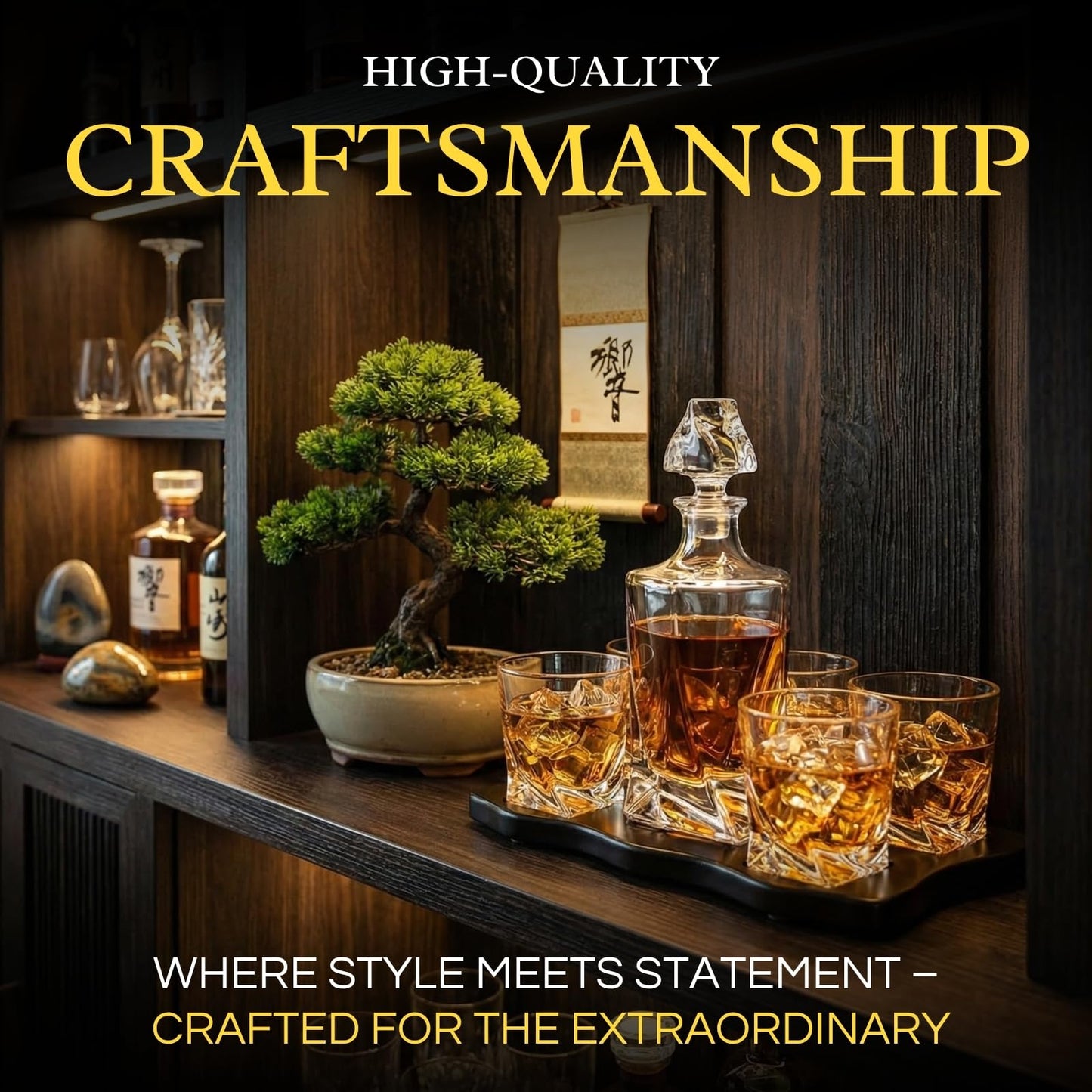 Ember Japanese Crystal Whisky Decanter Set with 4 Tumbler Glasses, Lead-Free Liquor Carafe & 10oz Rocks Glasses - Scotch Bourbon, Spirits & Wood Base Elegant Barware Gift for Men, Japan Design Gifts
