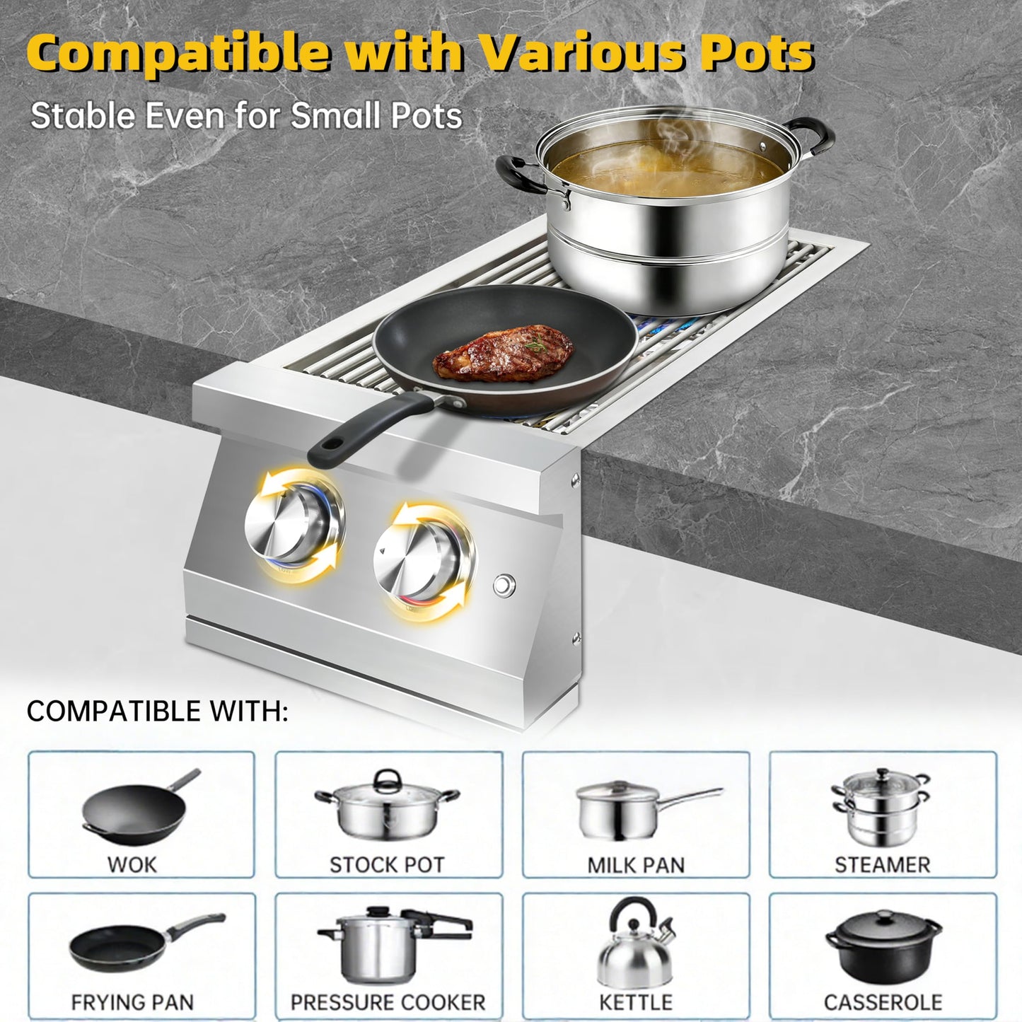 Qualipo Double Grilling Side Burners for Outdoor Kitchen, 2 * 17,000BTU Liquid Propane Burners, Convertible to Natural Gas, Heavy-Duty 304 Stainless Steel, Built-in Side Burner for BBQ Grill Island