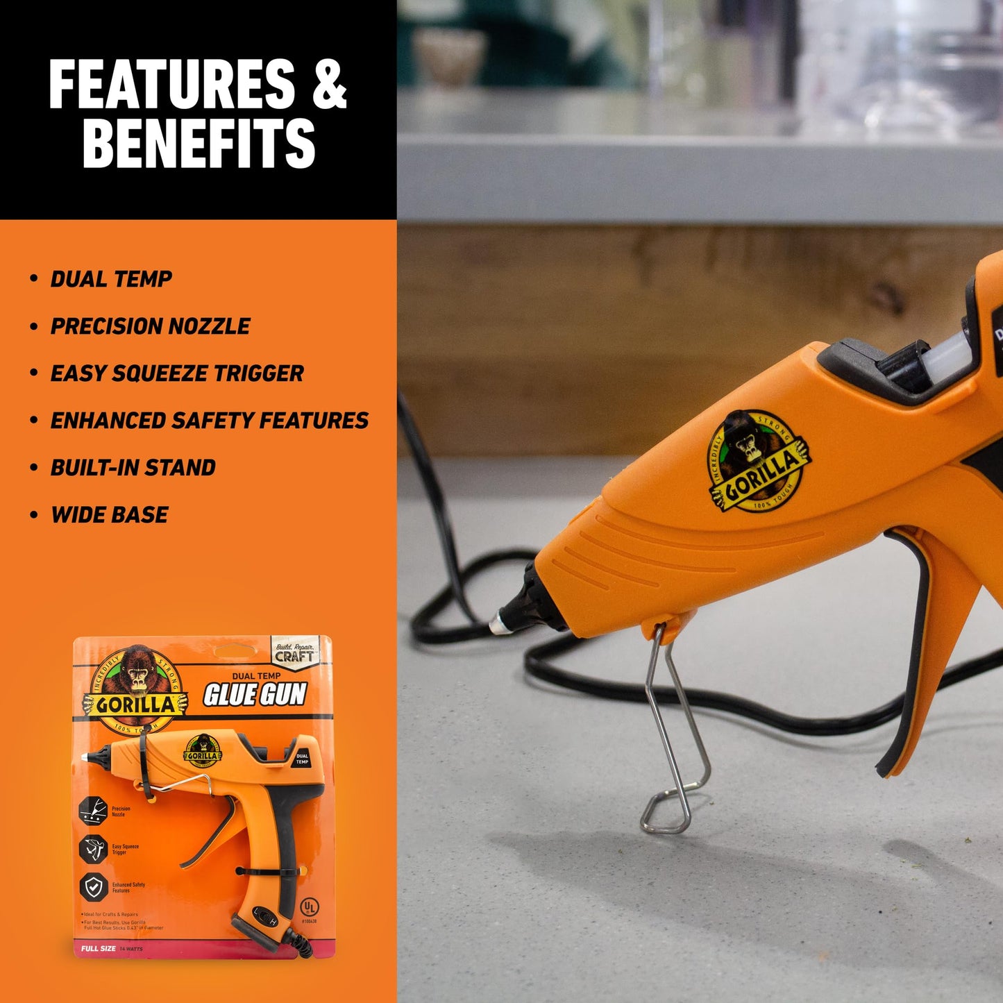 Gorilla Hot Glue Gun Kit (Pack of 1 Full Size Hot Glue Gun and 45 Sticks) - Dual Temp, Precision Nozzle, and Easy Squeeze Trigger