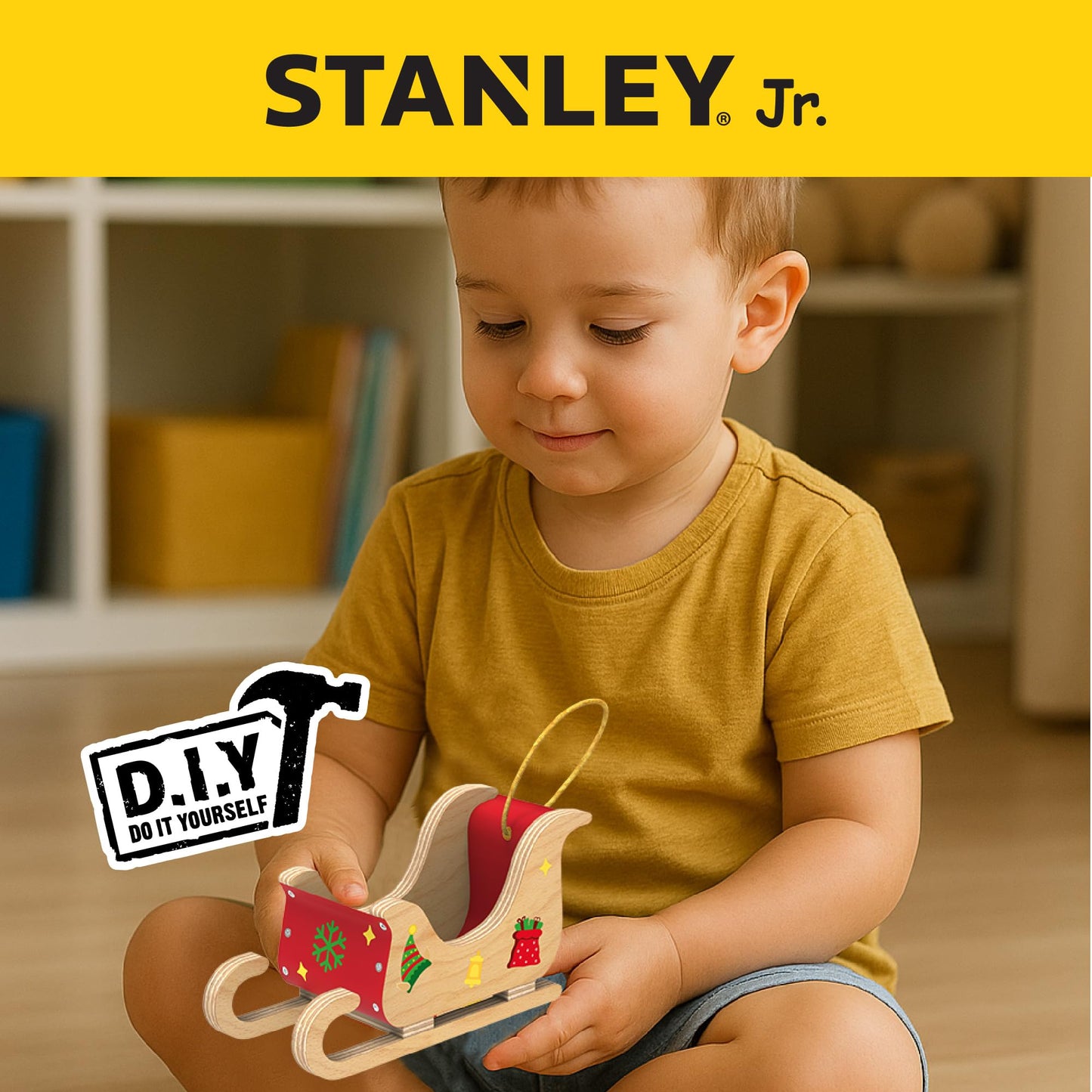 Red Toolbox Stanley Jr. DIY Wood Mini Santa Sleigh and Reindeer Set - Craft Kit for Kids - Create Your Own Mini Santa Sleigh - Perfect Holiday Decoration