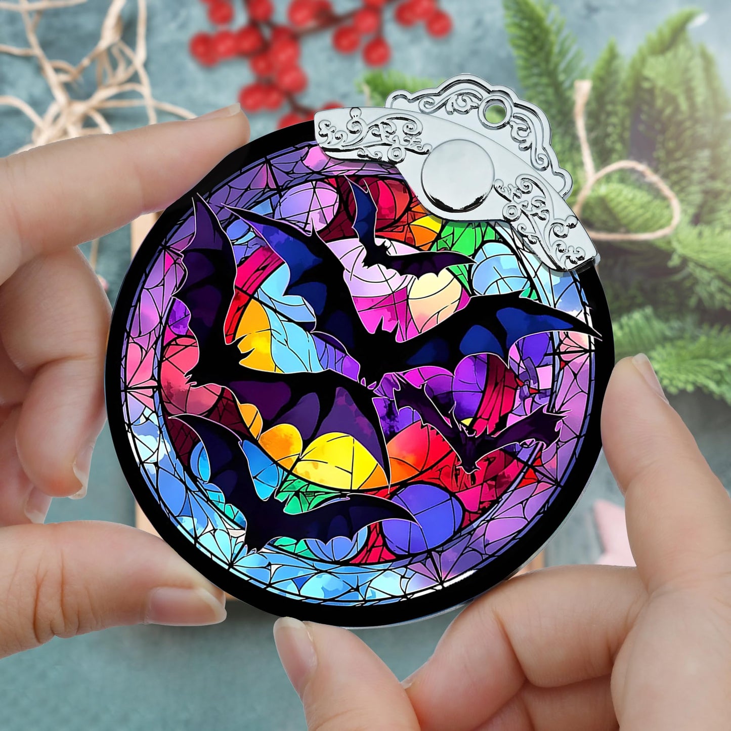 Jocidea Christmas Ornament, Bat Christmas Decor, Bat Ornaments for Christmas Tree, Stained Glass Ornament, Bat Gifts, Holiday Decorations and Xmas Gifts Ideas